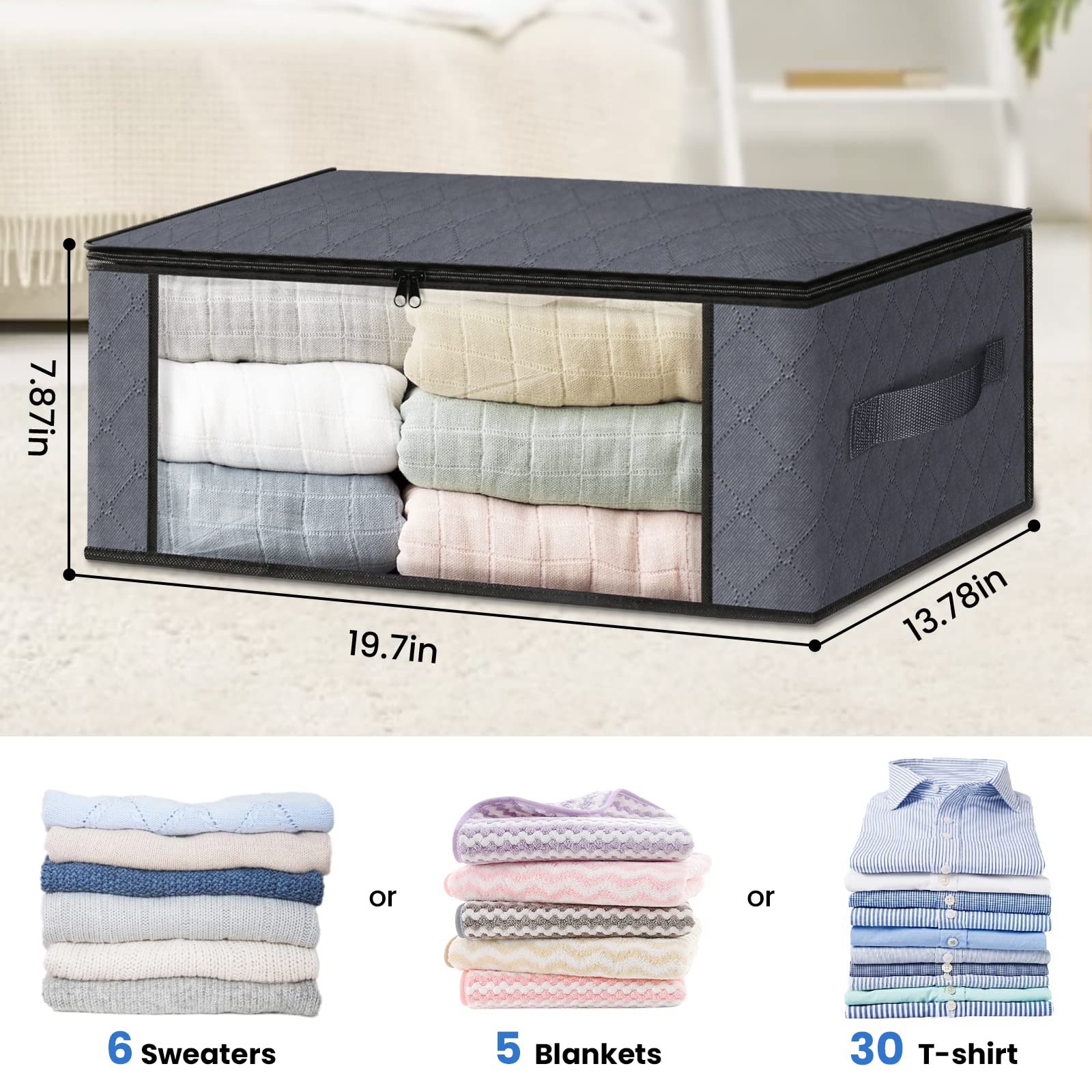 HomeHacks 3-Pack Foldable Storage Bags with Clear Window & Sturdy Handles - 35L Gray Clothes Organizer for Closet, Dorm, Bedding & Blankets | Space-Saving Solution for Seasonal Storage & Travel Packing