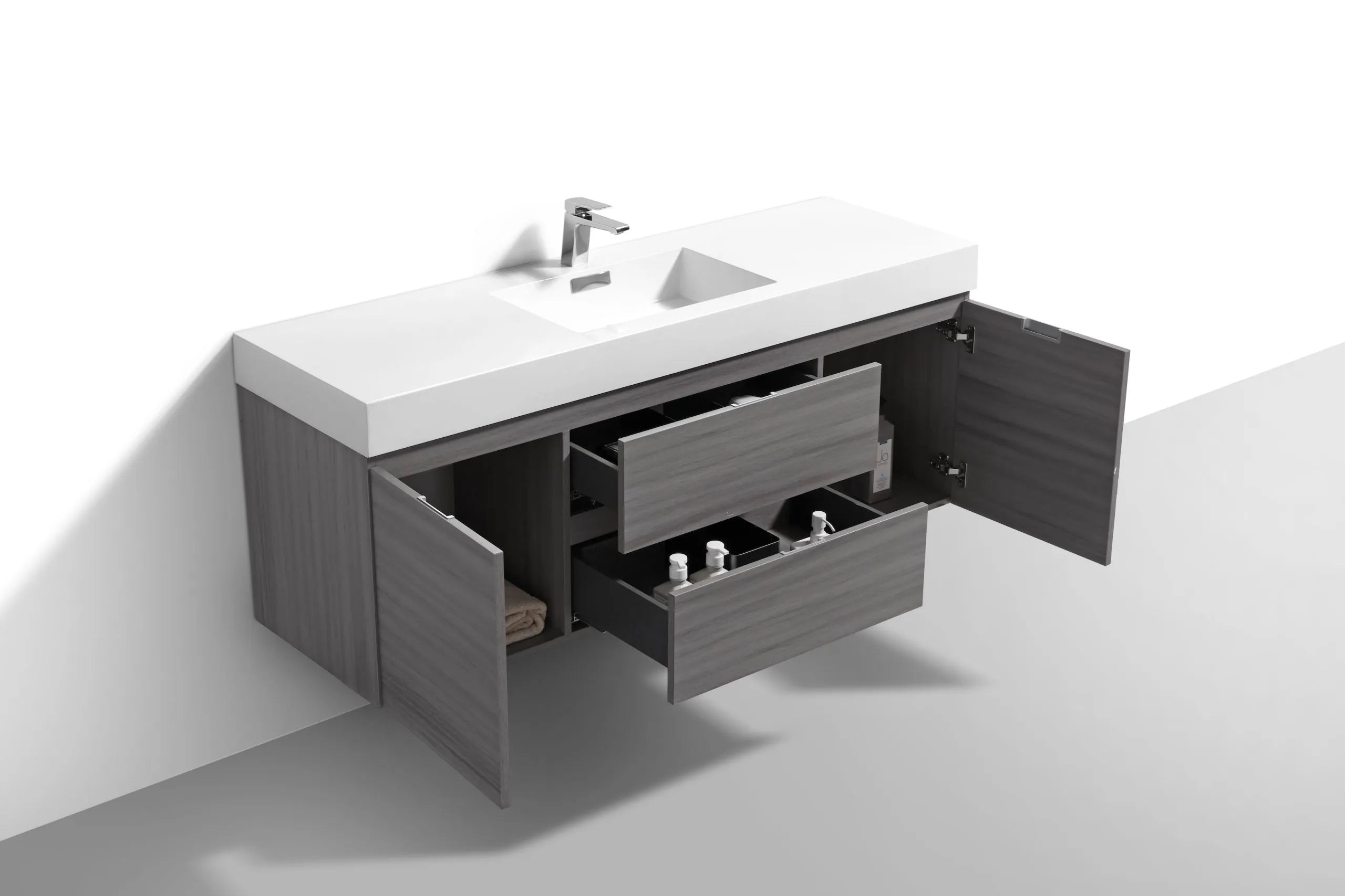 BSL60 Vulcan Ash Grey Wall Mount Bathroom Vanity with Single Sink - Modern Space-Saving Design for Small Bathrooms, Powder Rooms & Apartments