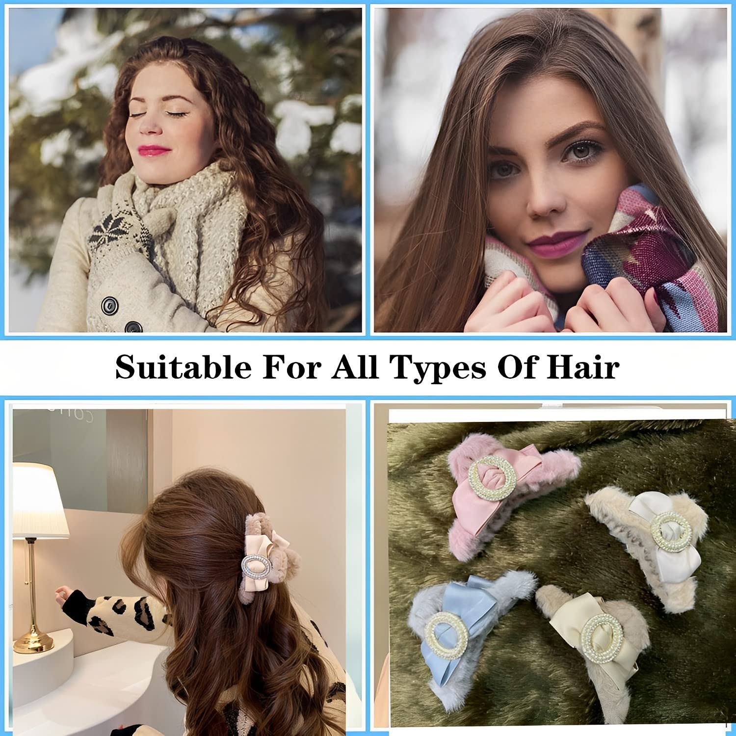 TLISMI Korean Plush Pearl Stone Hair Clip - Large Cute Bow Claw Barrettes for Women & Girls, Soft Faux Fur Strong Hold No Slip Hair Clutch (Blue) | Perfect for Parties, Weddings & Everyday Style