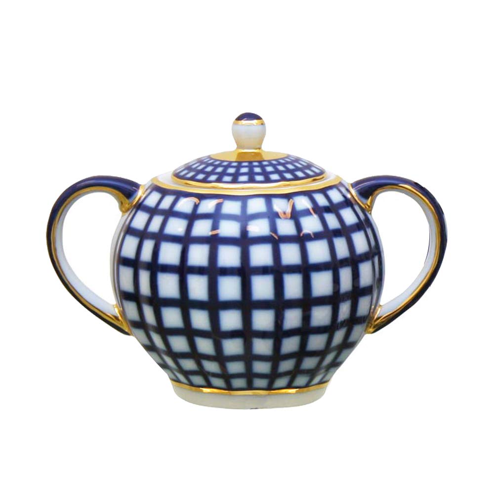 Royal Lomonosov Porcelain Cobalt Blue Sugar Bowl with Check Pattern - Elegant Tea Time Accessory for Afternoon Tea and Dessert Serving