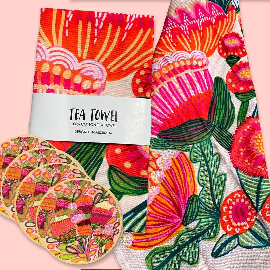 Premium Aussie Natives Tea Towel & Coaster Set - 100% Cotton Kitchen Towels with Matching Coasters - Perfect for Australian-Themed Kitchens, Gifts & Home Decor