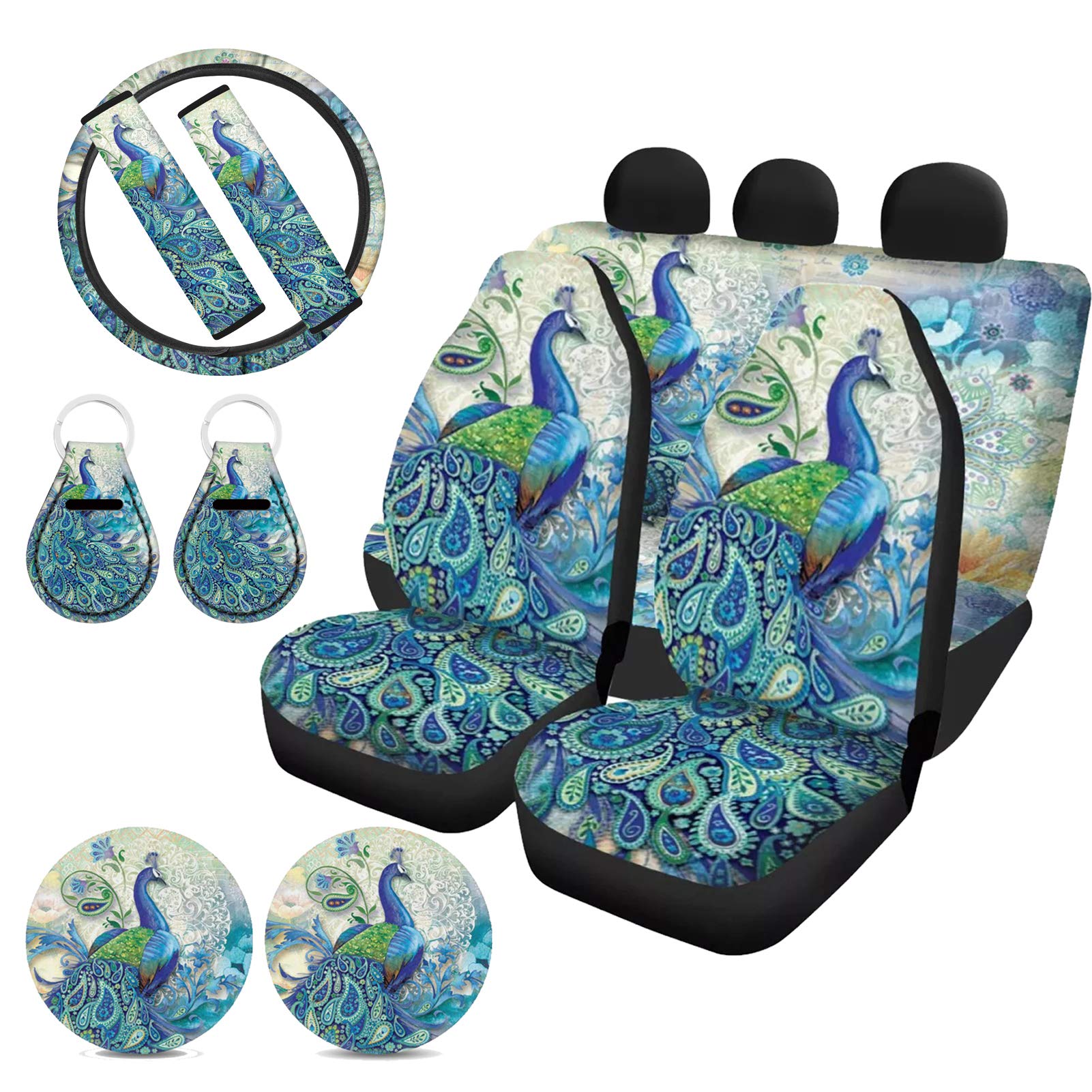 Peacock Car Seat Covers Set with Steering Wheel Cover for SUV & Van - Stylish Car Accessories for Women & Men
