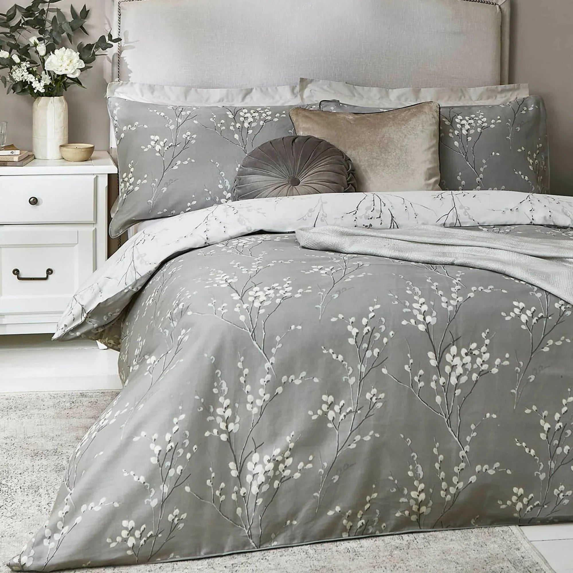 Laura Ashley Pussy Willow Duvet Cover Set - Queen Size, Steel Blue Floral Bedding Set with Pillowcases - Soft & Breathable Cotton for Cozy Bedroom Decor