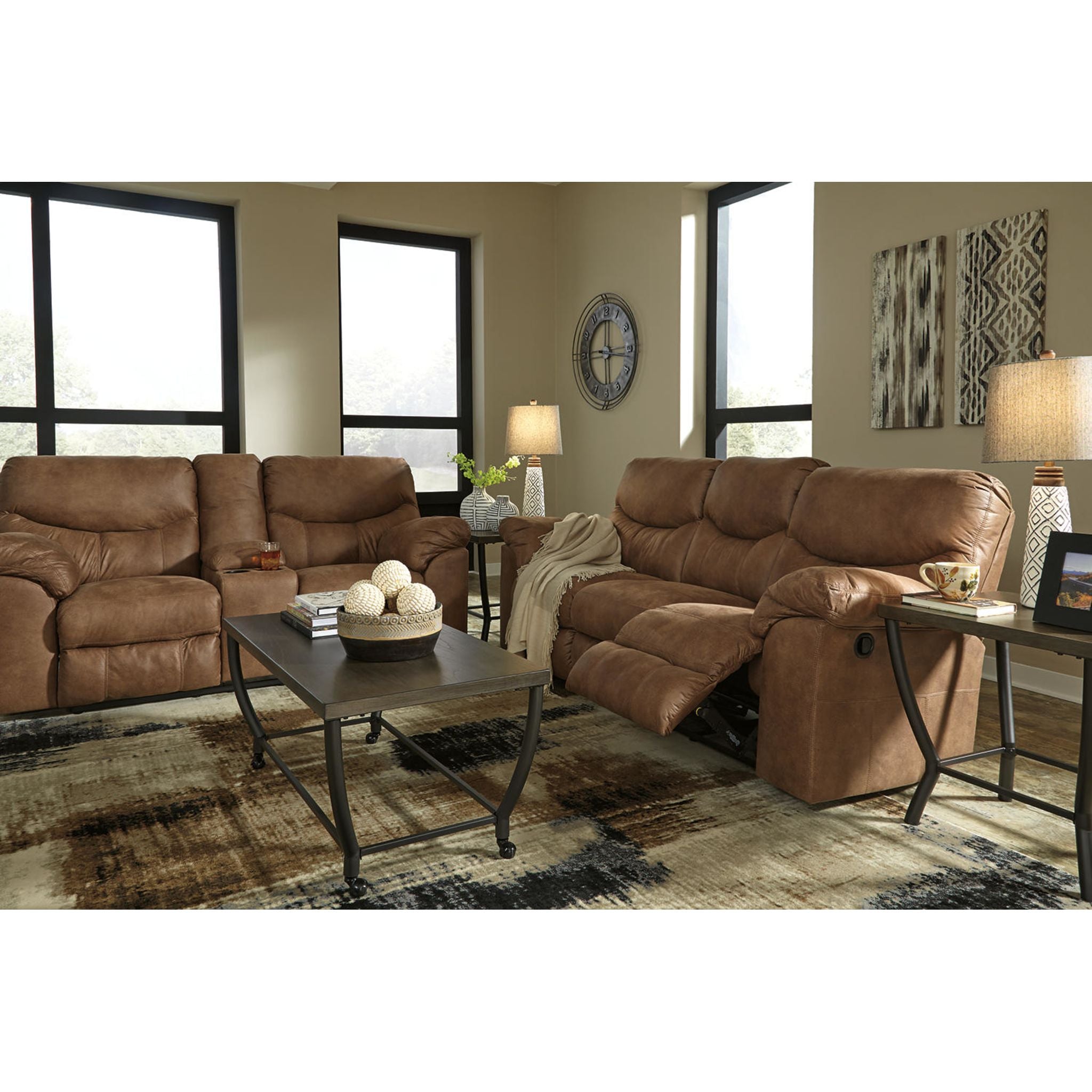 Boxberg Reclining Loveseat with Console in Bark Brown - Modern Reclining Sofa for Living Room, Home Theater & Small Spaces - Comfortable Two-Seater with Cup Holders and USB Ports
