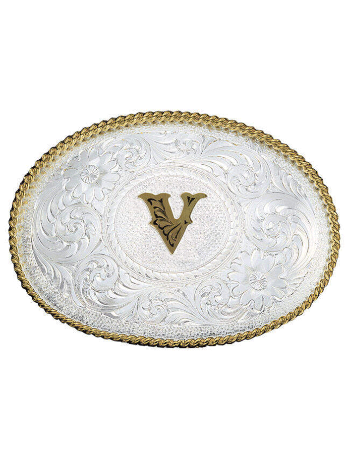 Montana Silversmiths 700 Initial Silver Engraved Gold Trim Western Belt Buckle for Men & Women - Perfect for Cowboy Boots, Jeans & Western Outfits