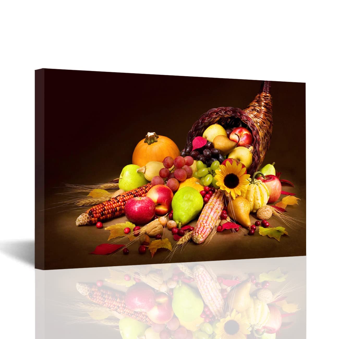 Vintage Fruits and Vegetables Kitchen Wall Art - Framed Canvas Print of Apple, Pear, Grape, Corn & Sunflower - Farmhouse Decor (24