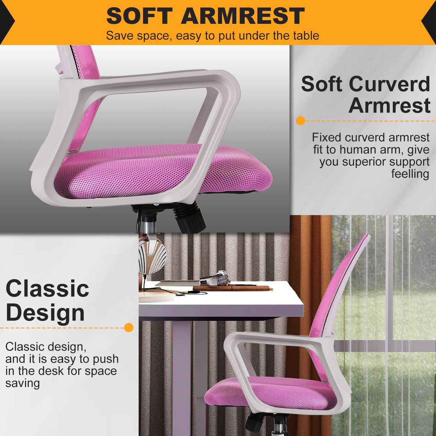 Ergonomic Mesh Office Chair with Adjustable Mid Back - Pink Swivel Rolling Computer Task Chair for Home Office, Gaming & Workspace Comfort