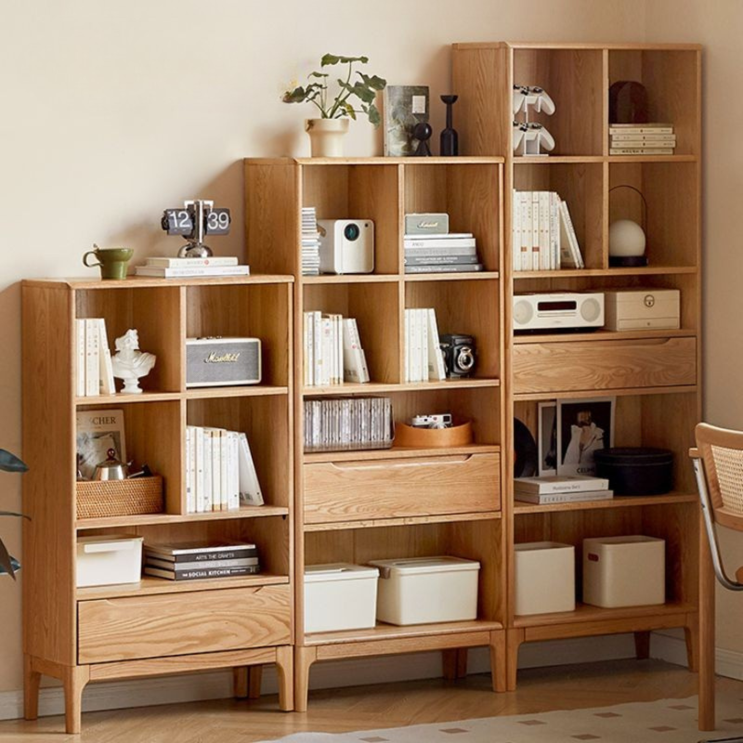 Japanese Style Oak Solid Wood Bookcase - Modern Minimalist Bookshelf for Home, Office & Library - Perfect for Organizing Books, Decor & Storage