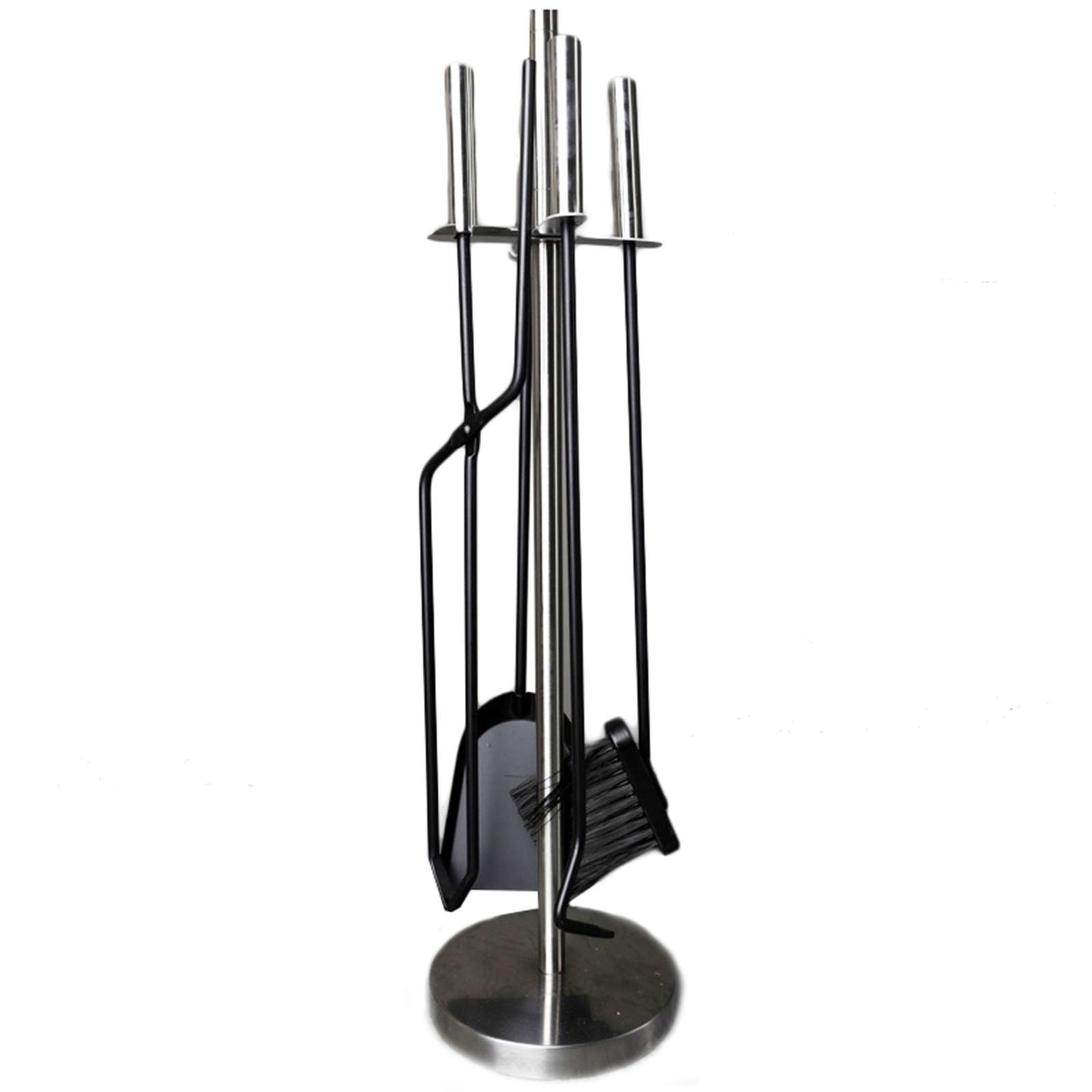 5-Piece Modern Fireplace Tool Set with Log Holder - Silver Handle Fire Pit Accessories for Outdoor & Indoor Use - Includes Poker, Broom, Shovel & Stand