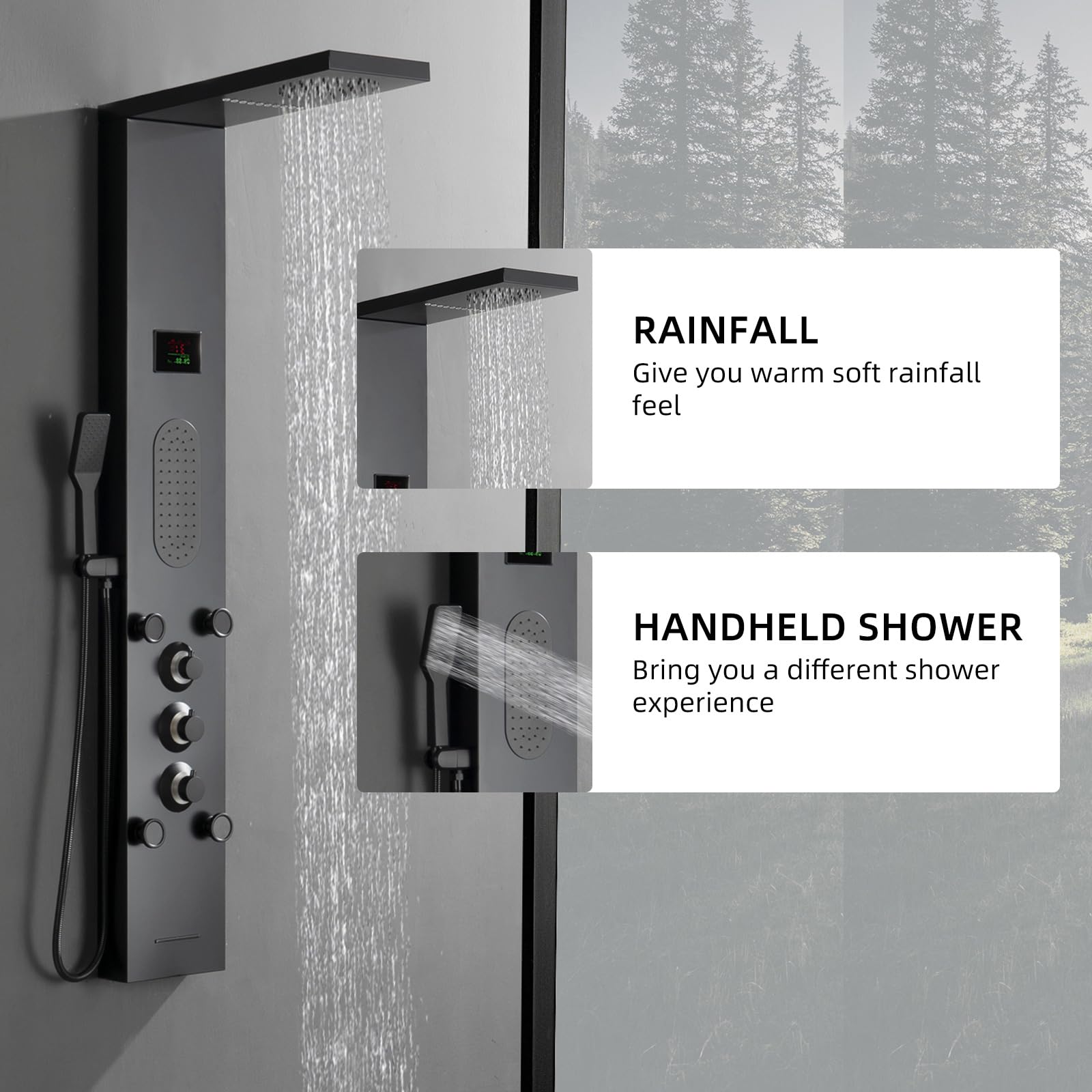 BWE LED Shower Panel System - Black Rainfall Shower Tower with Massage Body Jets, Stainless Steel Wall Mounted Shower Fixture with Temperature Display & Tub Spout - Perfect for Spa-Like Bathroom Experience & Modern Home Upgrade