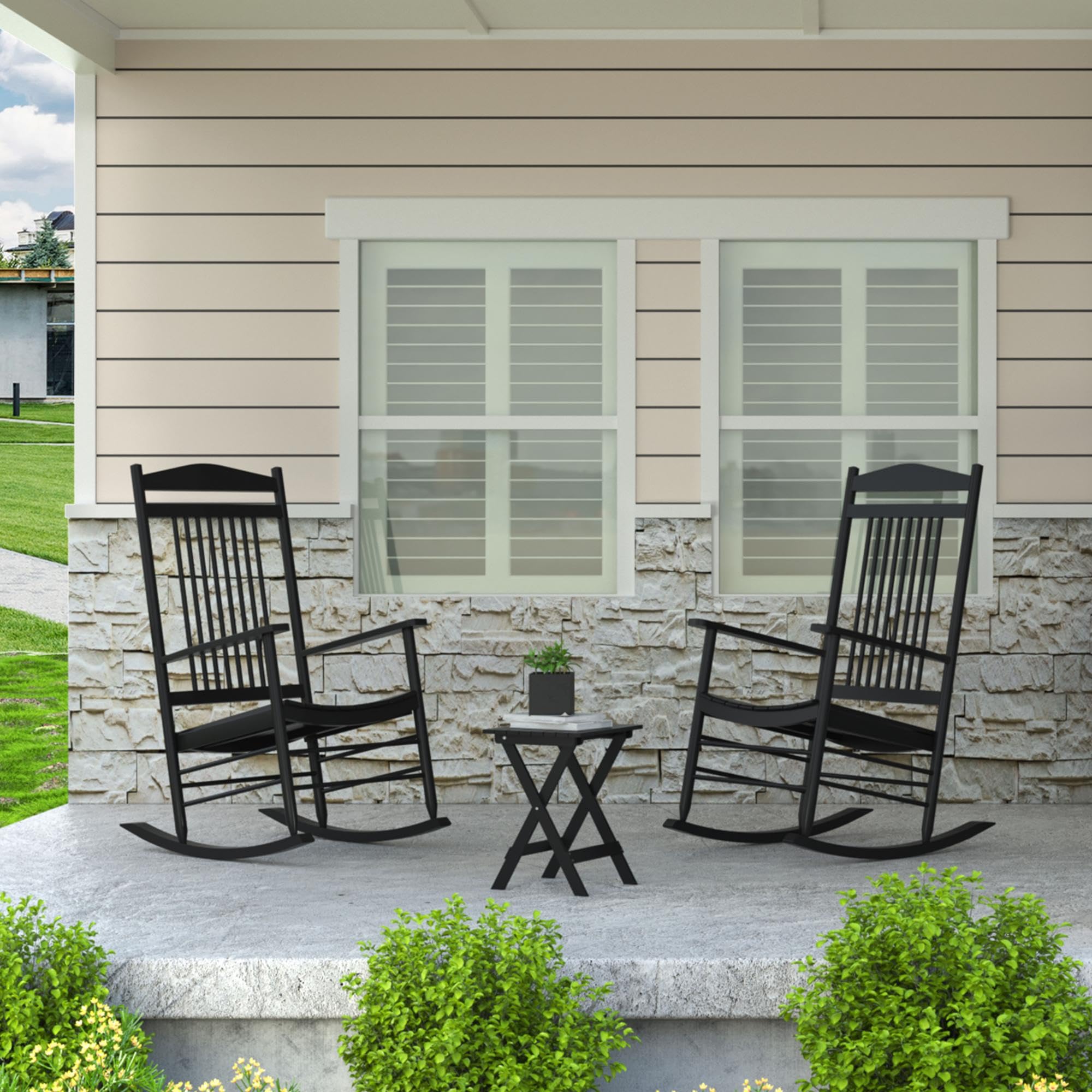 MUPATER 3-Piece Outdoor Rocking Chair Set with Bistro Table - Patio Wooden Rocker & 2 Chairs, Foldable Table & Curved Seat, Black - Perfect for Garden, Porch, Backyard & Balcony Relaxation
