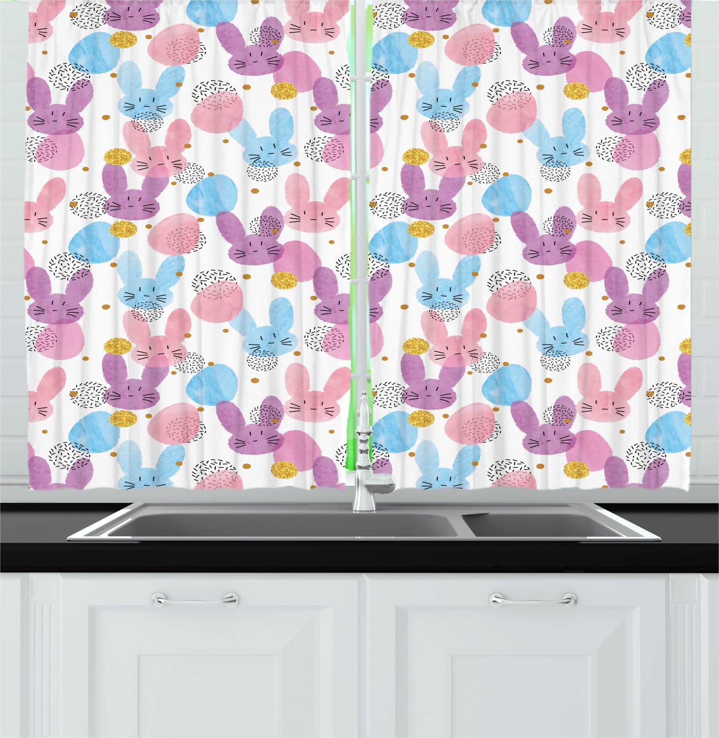 Ambesonne Colorful Long Kitchen Curtains - Easter Bunny & Egg Watercolor Print, Childish Style Rod Pocket Drapes, 55