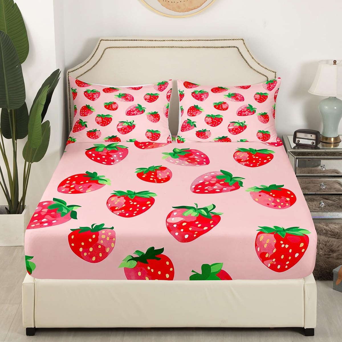 Sweet Strawberry Pattern Queen Size Sheet Set - 4 Piece Soft Pink Bedding Set with Deep Pockets (1 Flat Sheet, 1 Fitted Sheet, 2 Pillowcases) for Girls, Kids & Women - Perfect for Nursery, Teen Room & Cozy Bedroom Decor