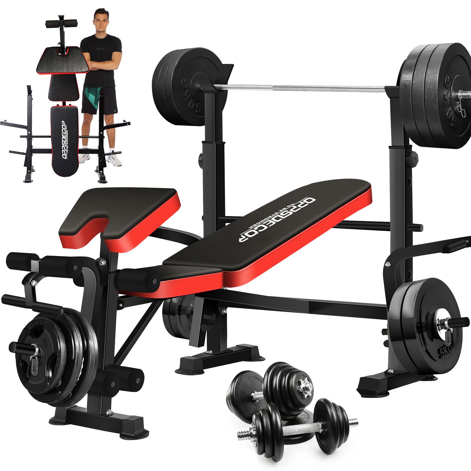 OPPSDECOR 8-in-1 650lbs Adjustable Weight Bench Set with Squat Rack, Olympic Workout Bench, Leg Developer & Preacher Curl - Foldable Home Gym Equipment for Full Body Workout, Strength Training & Muscle Building