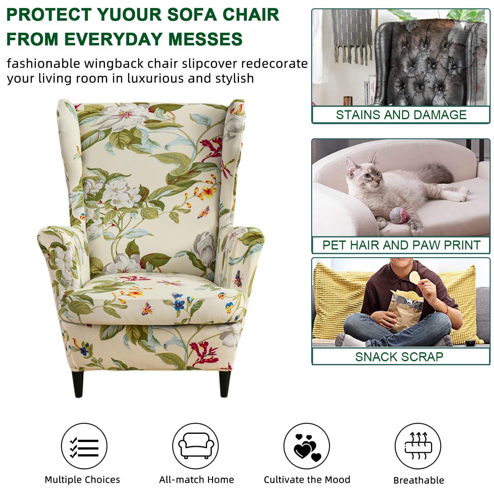 CRFATOP 2-Piece Stretch Wingback Chair Cover Set - Printed Spandex Slipcover with Elastic Bottom for Living Room, Bedroom - Fits Most Wingback Armchairs (06) - Perfect for Home Decor, Furniture Protection & Style Upgrade