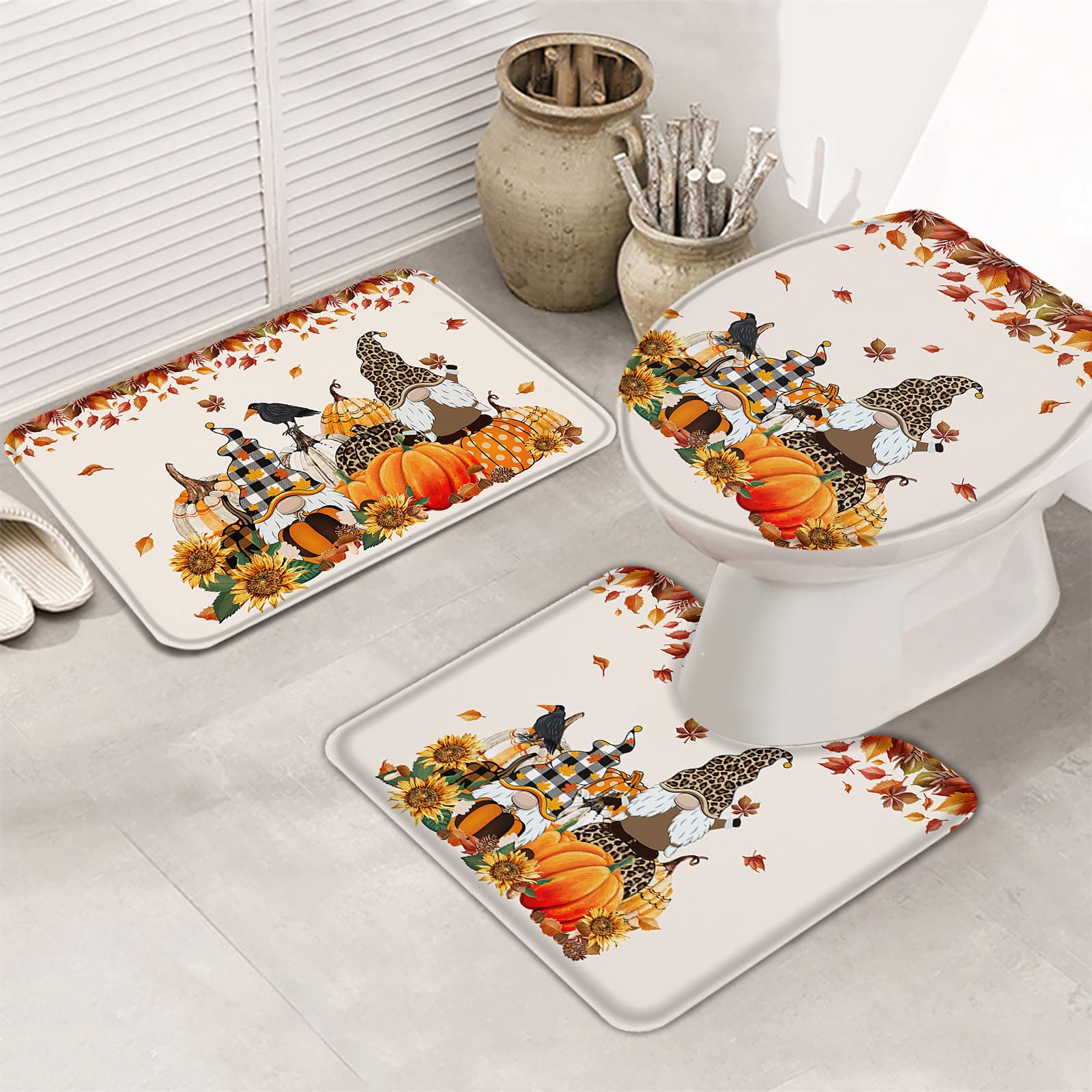 3-Piece Bathroom Rug Set - Non-Slip Absorbent Thanksgiving Fall Decor with Cartoon Gnome, Pumpkin & Sunflower Design - Contour Mat & Toilet Cover for Bathroom, Tub & Shower - Perfect for Holiday Home Decor & Cozy Bathroom Upgrades