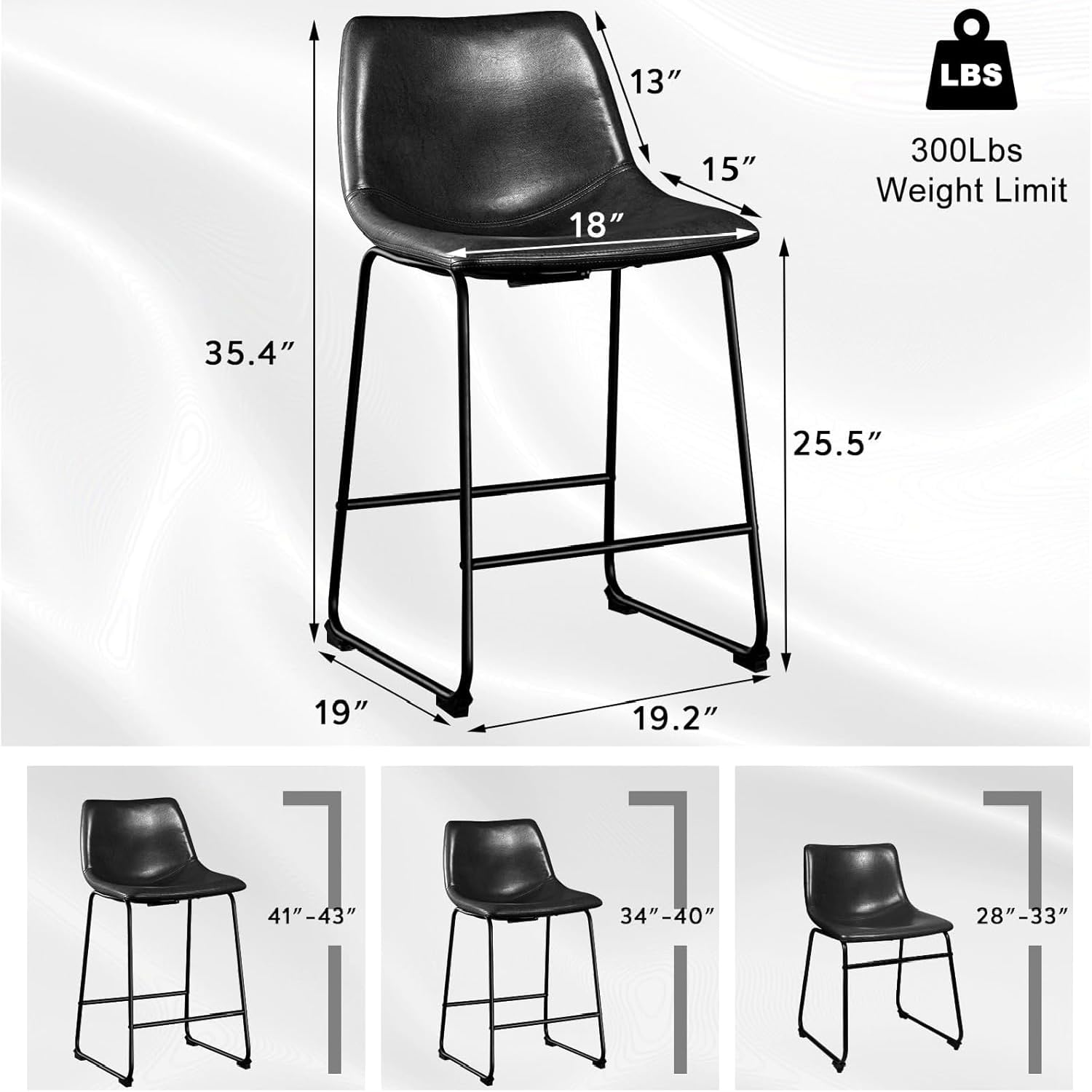 LEMBERI 26 Inch Bar Stools Set of 2 - Modern Counter Height Bar Stools with Faux Leather Upholstery & Metal Legs - Back Support Armless Bar Chairs for Kitchen Island, Breakfast Nook, or Home Bar (Black, 2 Pack)