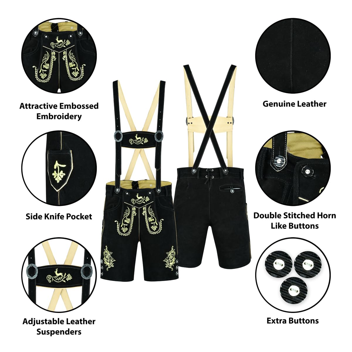 Authentic German Bavarian Lederhosen for Men - Genuine Leather Oktoberfest Shorts with Above-Knee Design | Perfect for Oktoberfest, Beer Festivals, and Bavarian Costume Parties
