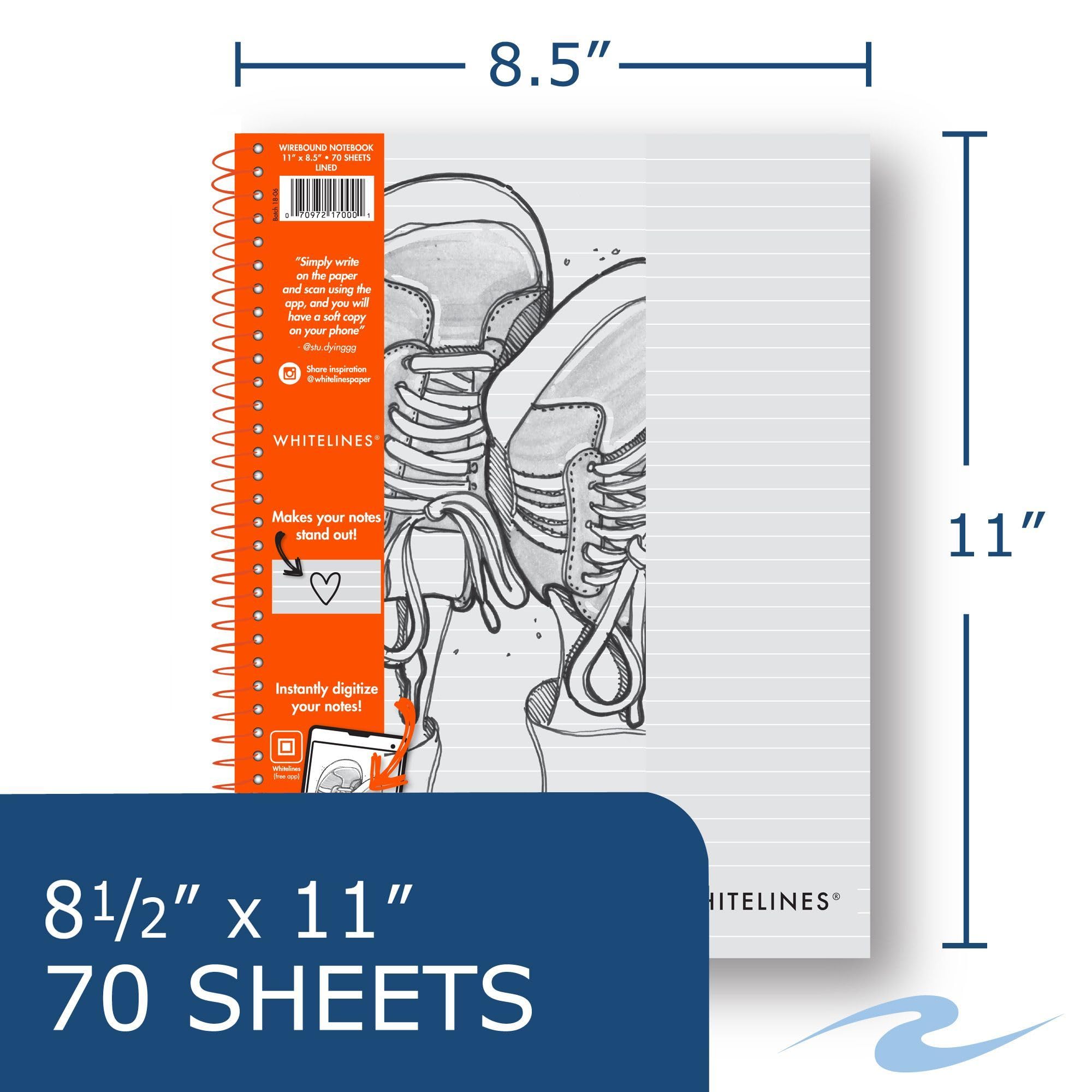 Whitelines Spiral Bound Notebook - 70 Sheets, 11