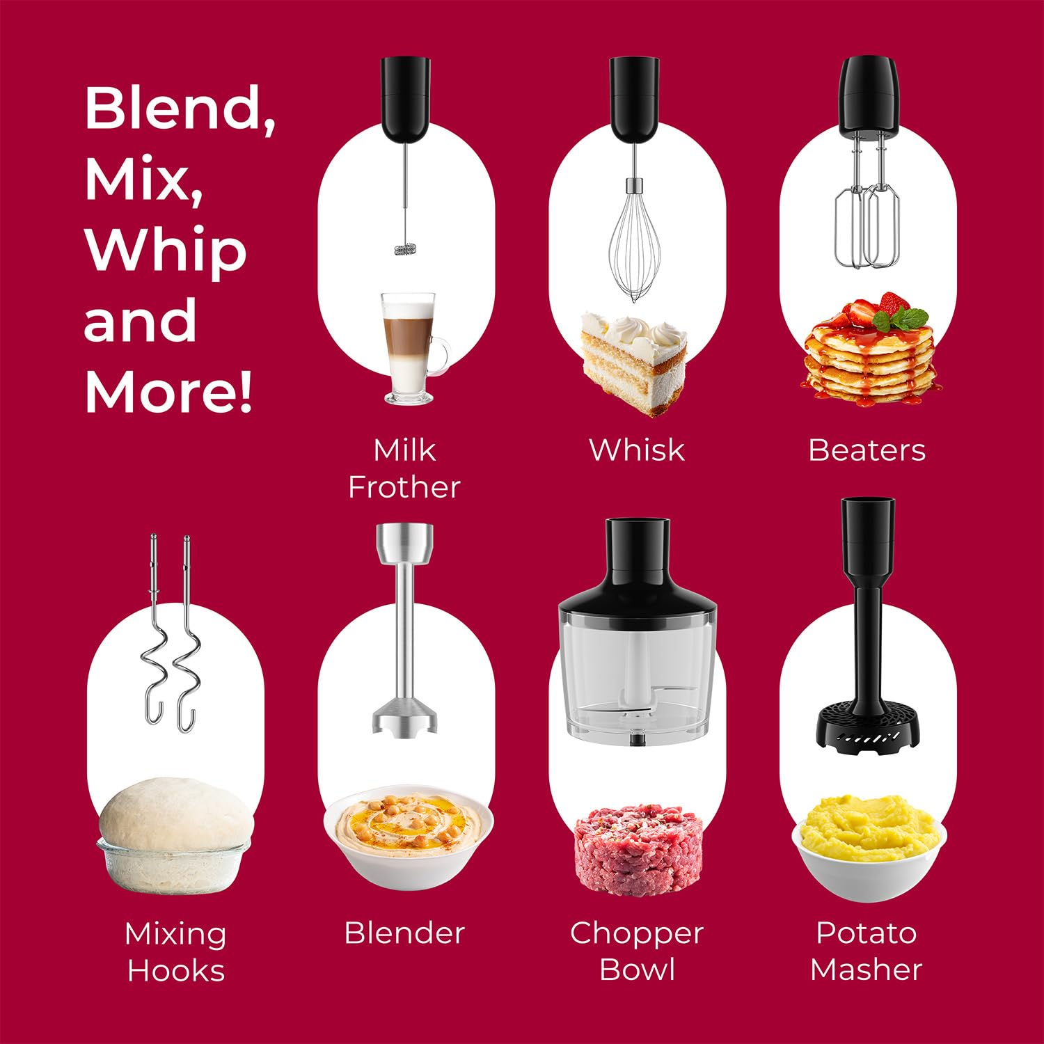 MuellerLiving Immersion Hand Blender Set - 8-Speed Electric Hand Mixer with 7 Attachments: Stainless Steel Blades, Whisk, Milk Frother, Beater, Mixing Hooks, Potato Masher & Chopper Bowl - Perfect for Smoothies, Soups, Baking & Kitchen Prep