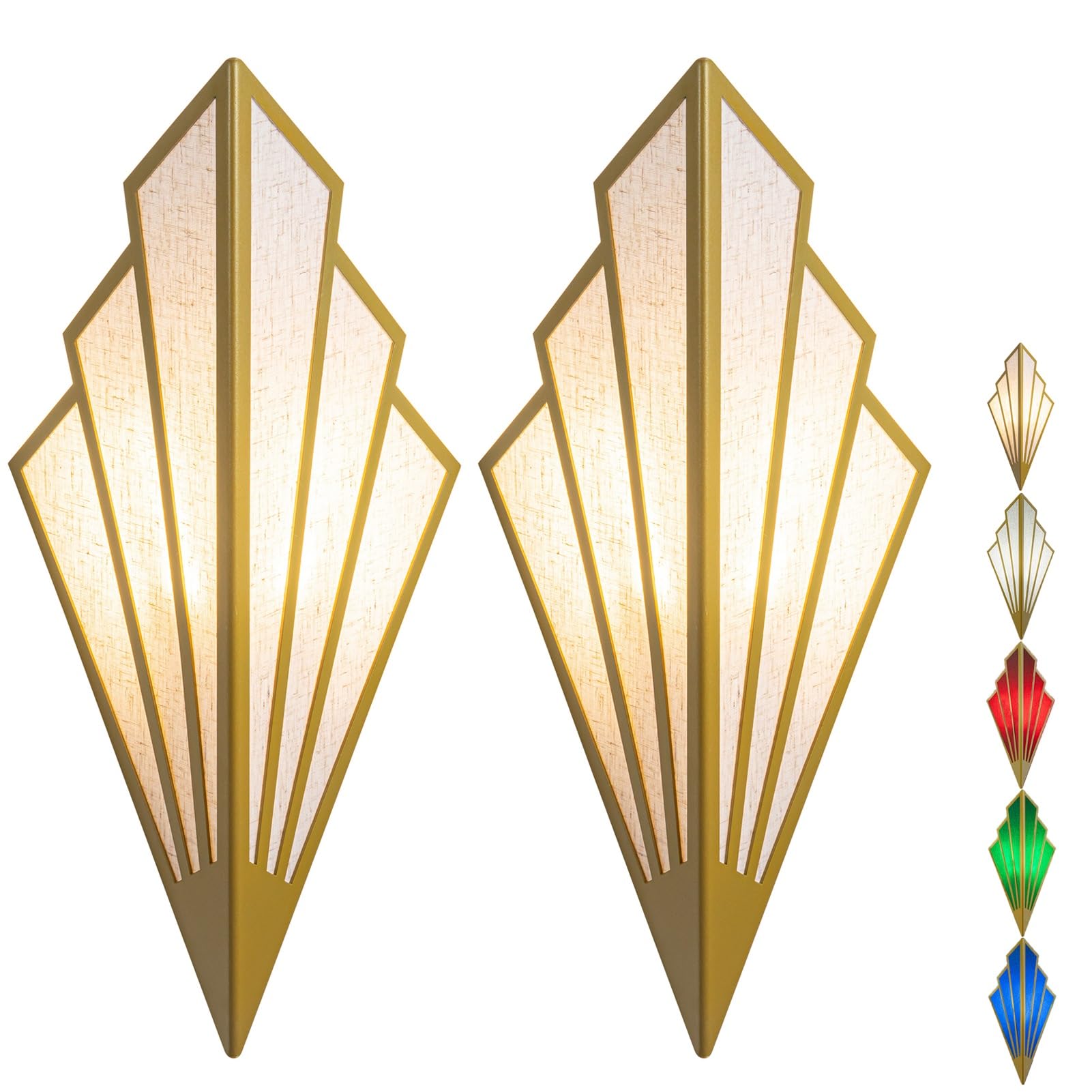 Battery Operated Wall Sconces Set of 2 - Wireless Remote Control Fabric Shade Triangle Wall Lights for Bedroom, Living Room, Bathroom & Hallway - Gold Finish - Perfect for Night Lights, Mood Lighting & Home Decor