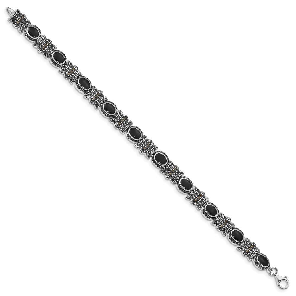 925 Sterling Silver Marcasite and Onyx Bracelet for Women - Elegant Fine Jewelry Gift for Her, 7.25 Inch Adjustable - Perfect for Parties, Weddings & Special Occasions