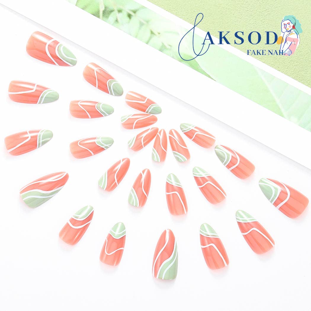 Glossy Almond Press on French Nails - Pink Short Abstract Line Fake Nails with Full Cover - 24Pcs Artificial False Nails Tips for Women and Girls - Perfect for Parties, Weddings, and Daily Wear