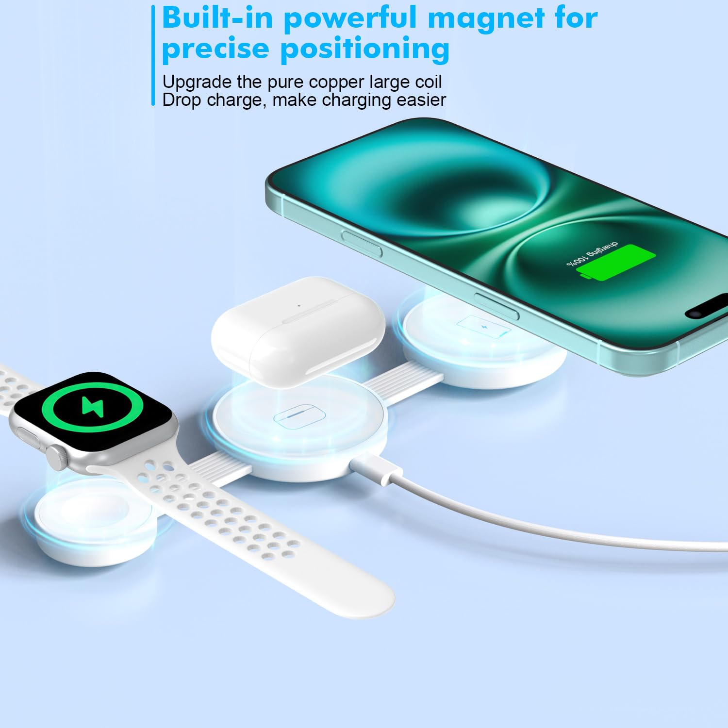 3-in-1 Foldable Magnetic Wireless Charging Station for iPhone 16 Pro Max/16/15/14/13, Apple Watch Series & AirPods - Portable Travel Charger Pad for Multiple Apple Devices | Perfect for Home, Office & Travel Use