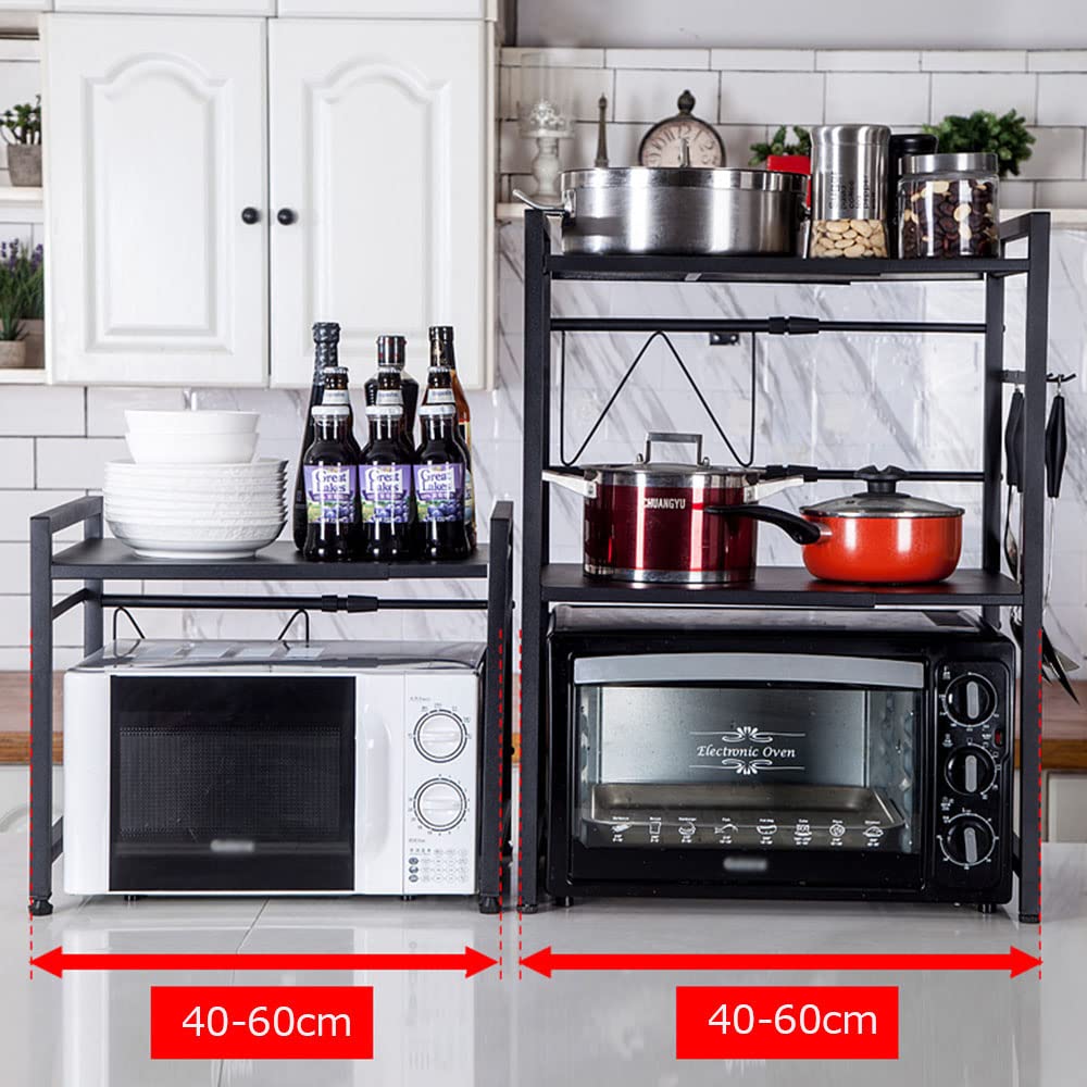 2-Tier Retractable Stainless Steel Kitchen Shelf - Microwave Rack Organizer for Small Spaces | Space-Saving Storage Solution for Countertop, Pantry & Apartment Kitchen | Black