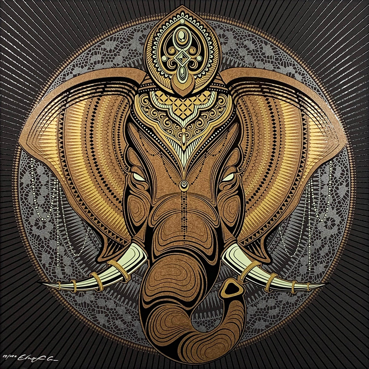 CHRIS SAUNDERS 'Elephant Mandala' (2015) RARE Screen Print - Limited Edition Artwork for Home Decor & Meditation Spaces