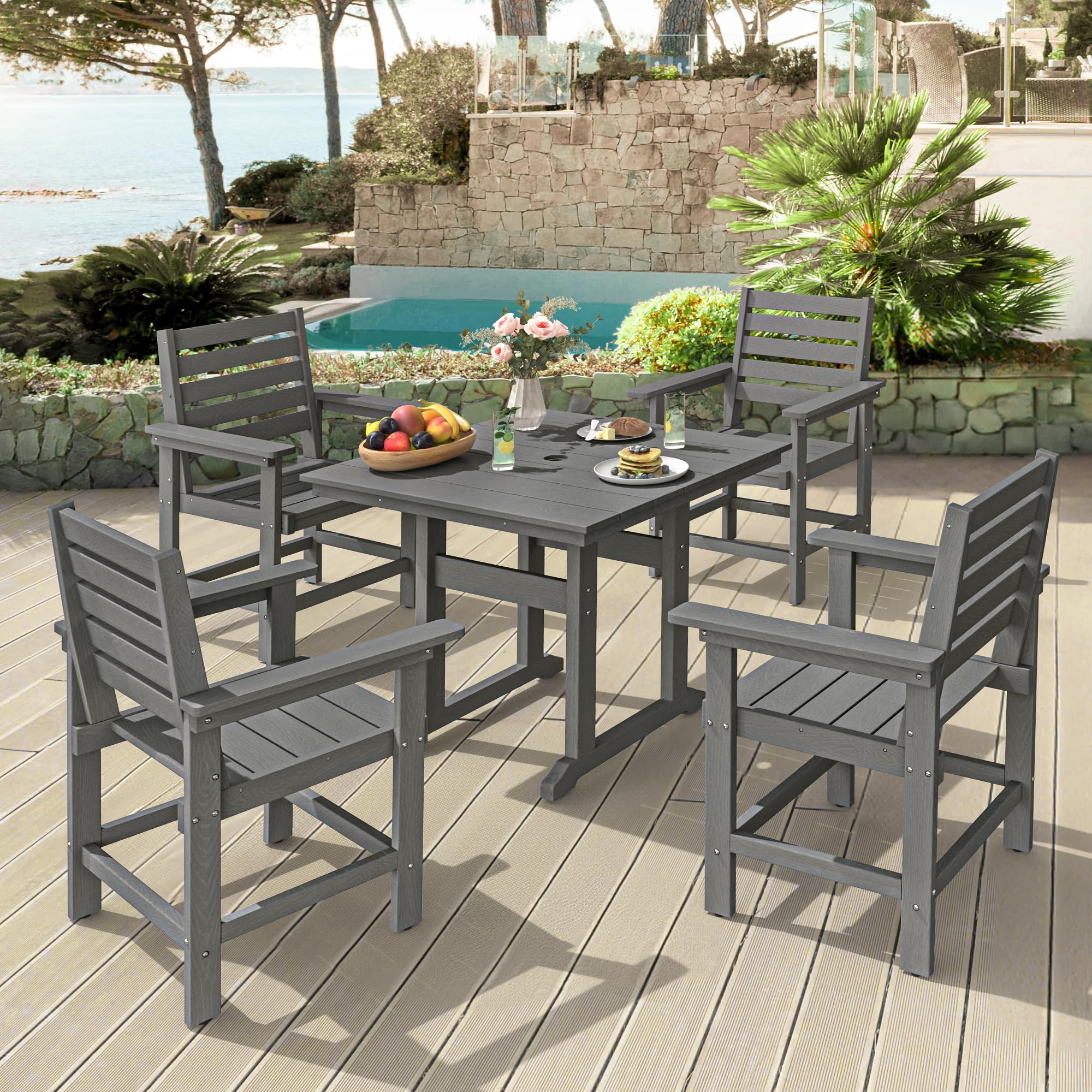 5-Piece Outdoor Patio Dining Set - HDPE Weather-Resistant Square Table with 4 Chairs & 1.95
