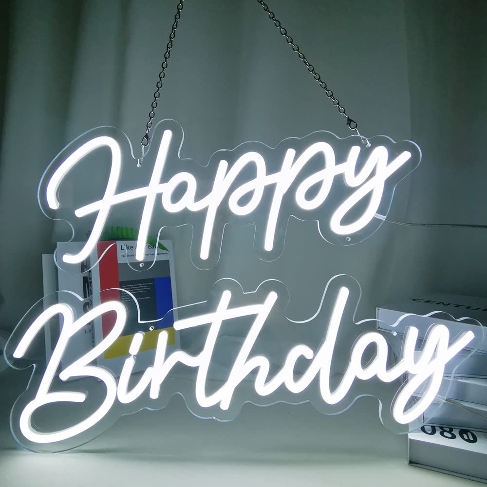 DECO 22x16 Inch Happy Birthday Neon Sign - Custom LED Wall Art Light for Bars, Bedrooms, Hotels, Pubs & Weddings | Perfect Gift for Birthday Parties & Home Decor (White)