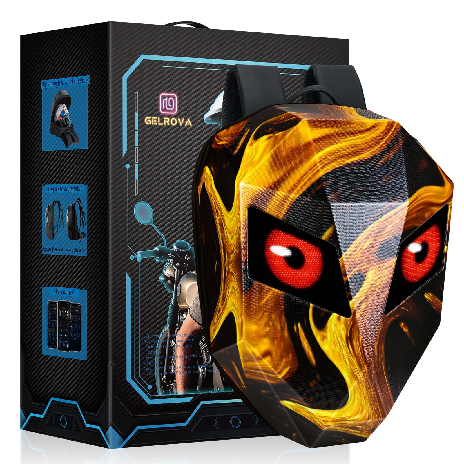 Gelrova Motorcycle Backpack for Men - LED Backpack with Programmable Screen, Hard Shell Waterproof Helmet Bag & Large Capacity Laptop Backpack (19inch) - Flaming Knight Design - Perfect for Commuting, Travel & Outdoor Adventures