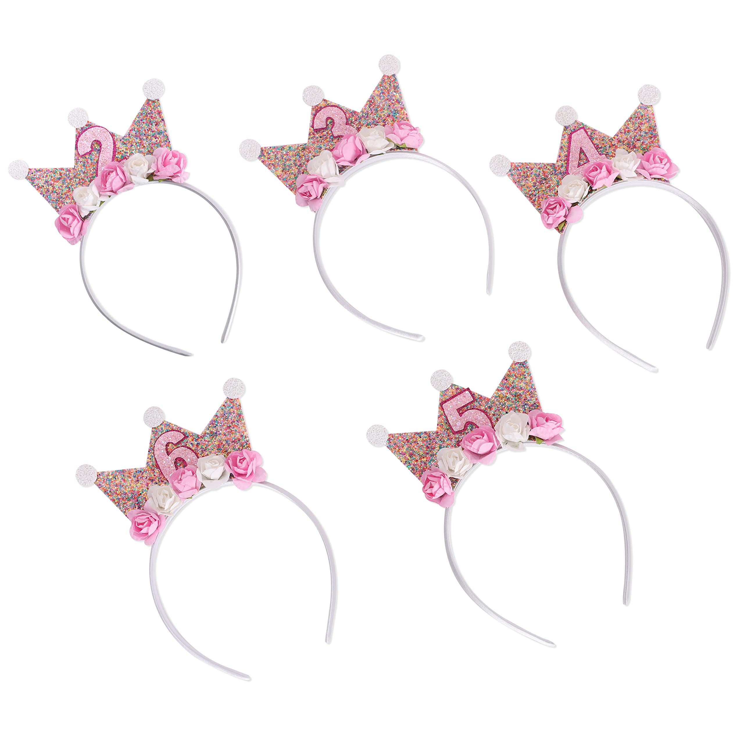 Princess Tiara & Flower Crown Headbands for Girls Birthday Party - Toddler Birthday Crowns for 2nd to 6th Birthday - Perfect for Princess Themed Parties, Photo Shoots & Dress Up Play