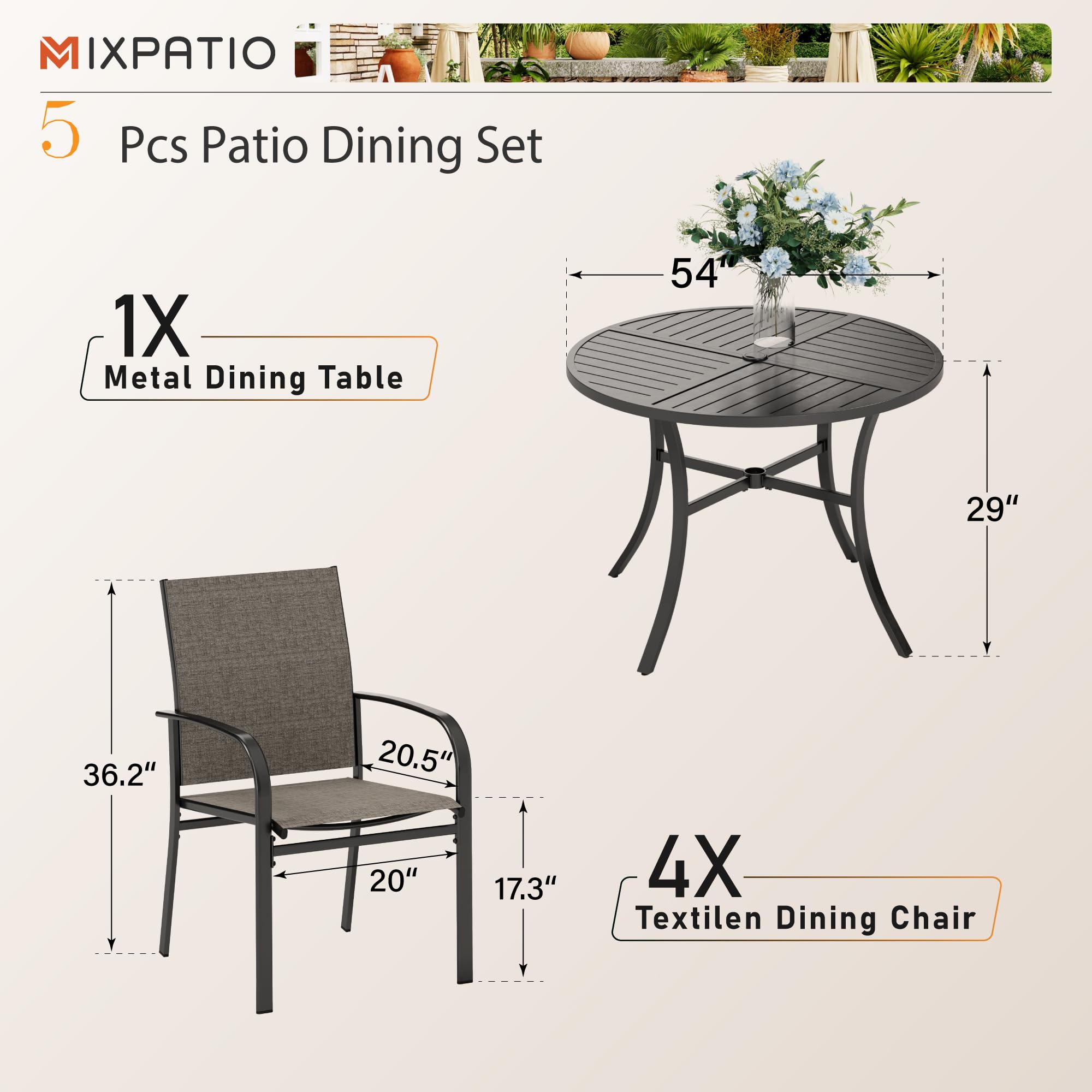 5-Piece Outdoor Dining Set - Round Metal Patio Table & 4 Brown Chairs for 4 People - Perfect for Deck, Garden, Backyard, Lawn & Poolside Gatherings