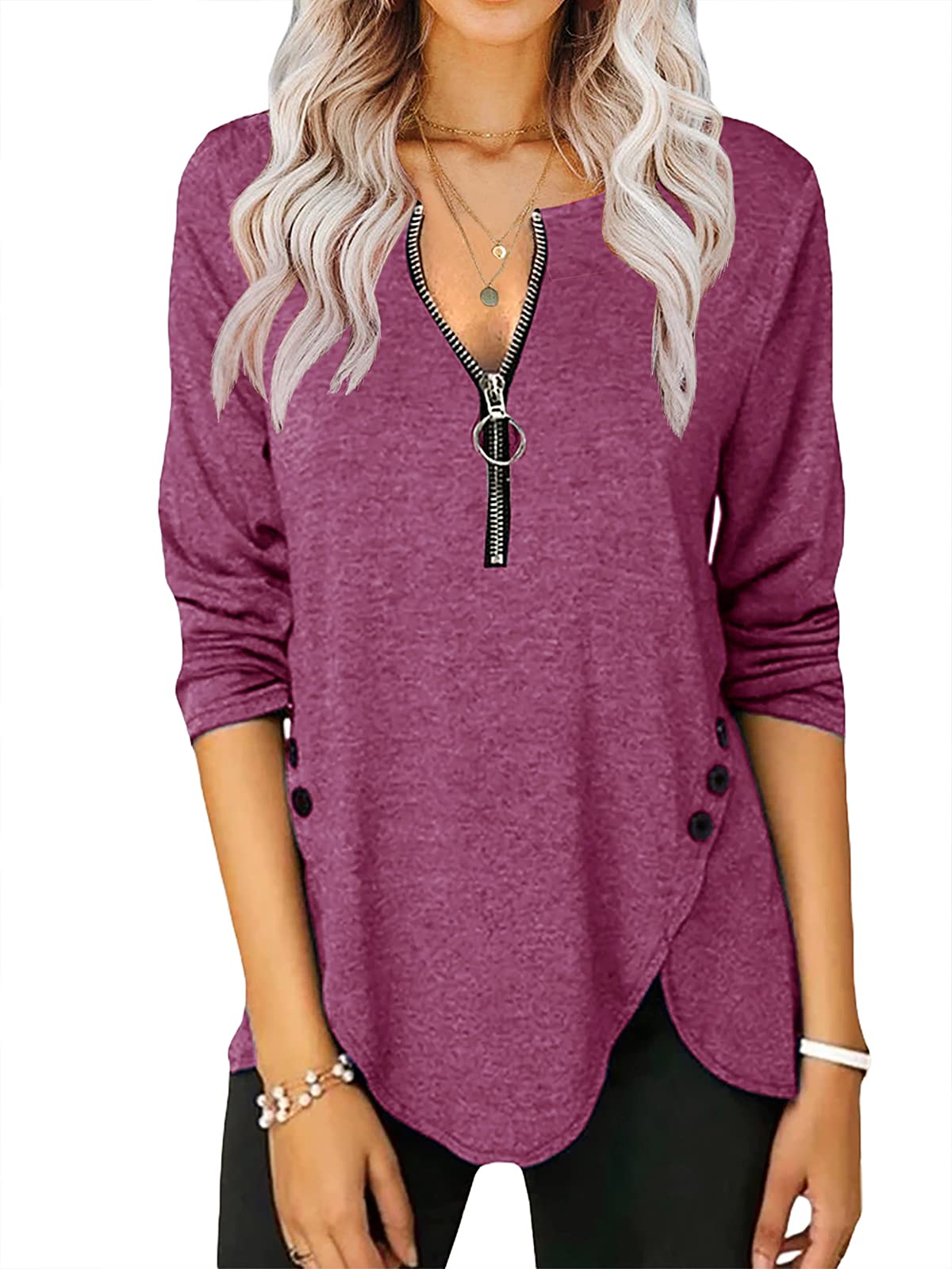 Women's Casual Long Sleeve Tunic Shirt - Round Neck Button Down Blouse Top for Work, Office & Everyday Wear