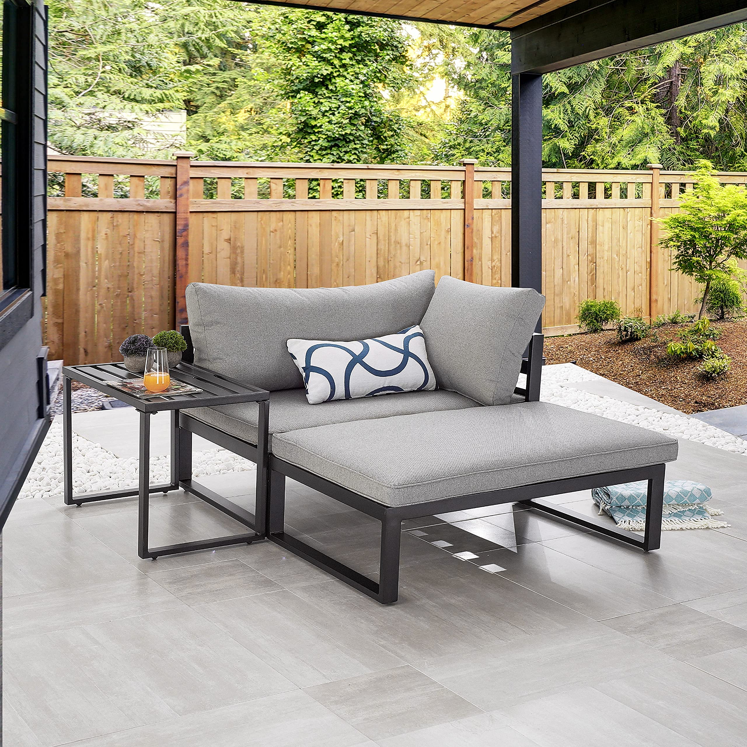 3-Piece Outdoor Sectional Patio Furniture Set - Grey Conversation Sofa with Ottoman & Coffee Table for Backyard, Porch, Balcony | Durable Wicker & Weather-Resistant Cushions | Perfect for Entertaining Guests or Relaxing Outdoors