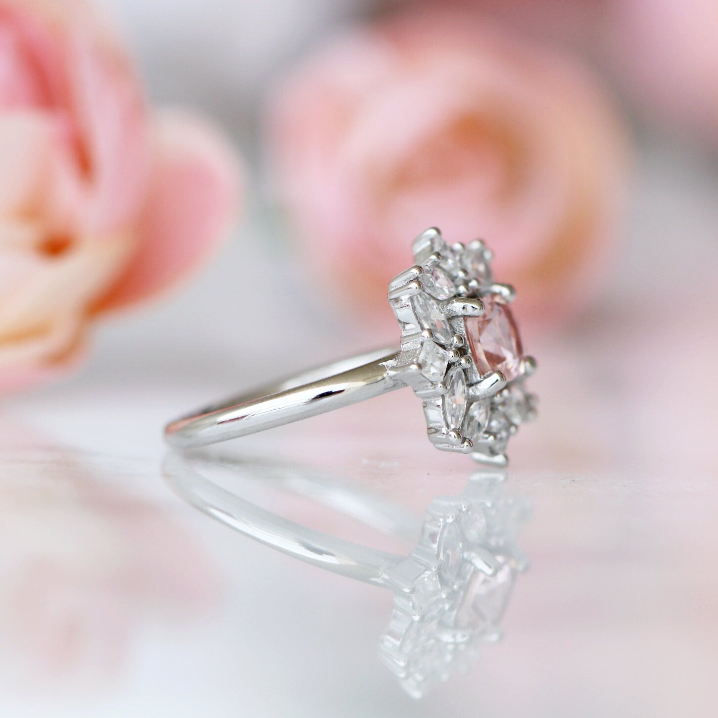 Magnolia Morganite Ring - Sterling Silver Rose Gold Plated, Dainty Floral Engagement Ring for Women, Perfect for Wedding, Anniversary & Valentine's Day Gifts