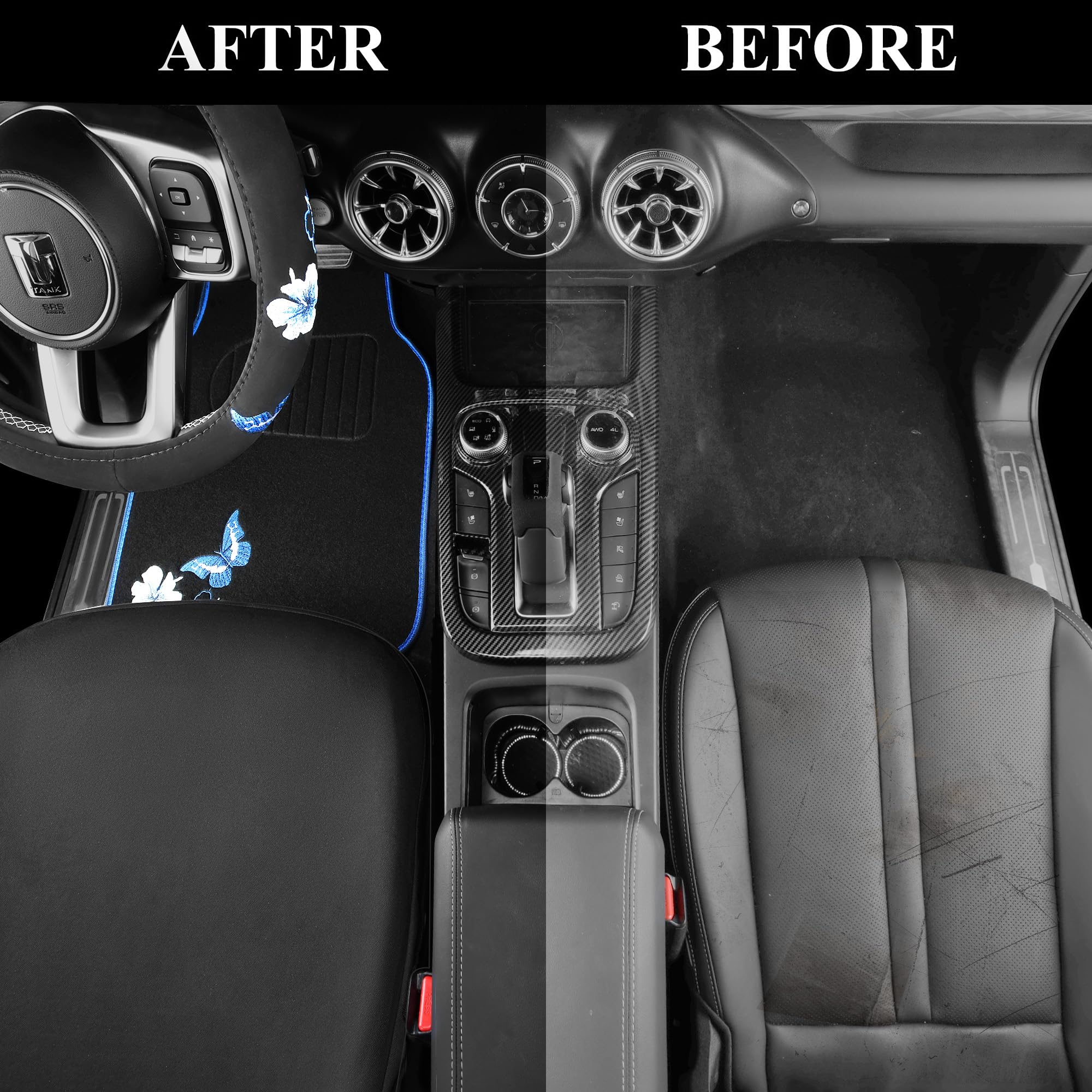 CAR PASS Blue Butterfly Car Seat Covers Full Set - Waterproof Embroidered Flower Car Floor Mats & Steering Wheel Cover - Universal Car Accessories Interior Set (Black & Blue) - Perfect for Sedans, SUVs & Trucks - Enhances Comfort & Protects Vehicle Interior