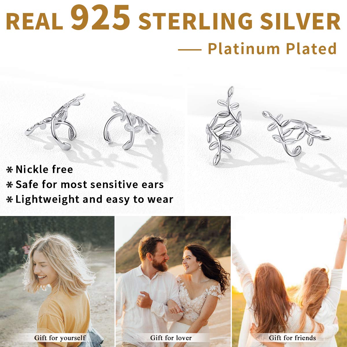 ChicSilver 925 Sterling Silver Non-Piercing Clip-On Cartilage Ear Cuff Earrings for Women - Hypoallergenic Fashion Jewelry with Gift Box - Perfect for Parties, Weddings & Everyday Wear