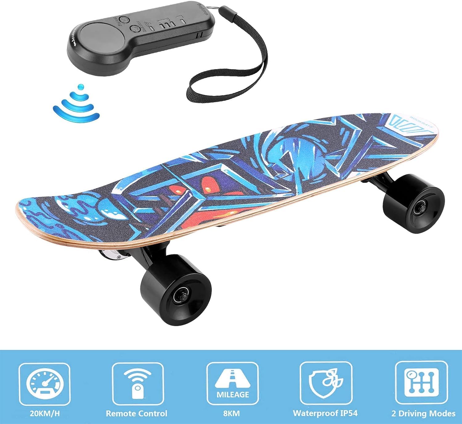 Caroma Electric Skateboard with Remote Control - 12.4 MPH Max Speed & 8 Mile Range - 3 Speed Modes Electric Longboard for Adults & Teens - Perfect for Commuting, Campus Travel & Outdoor Recreation