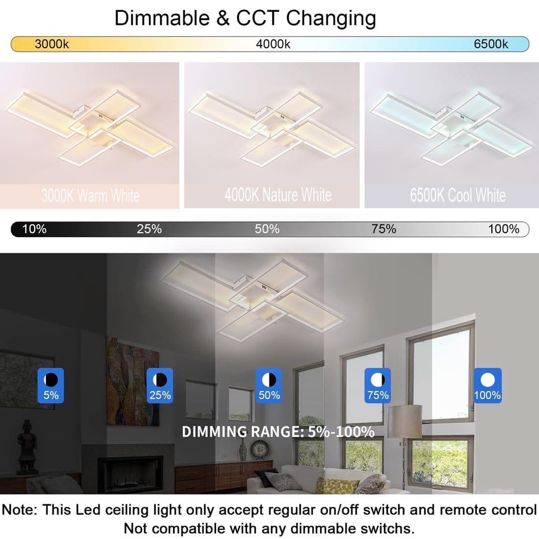 Guang Shuo LED Ceiling Light - Dimmable Modern LED Light Fixture with Remote Control for Living Room, Bedroom & Dining Room | Energy-Efficient Home Lighting Solution for Indoor Spaces