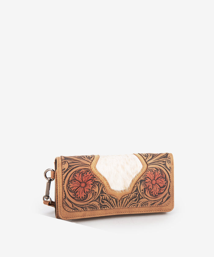 Trinity Ranch Floral Tooled Hair-On Cowhide Leather Wallet for Men & Women - Stylish Western Bifold Wallet for Everyday Use, Travel & Gifts