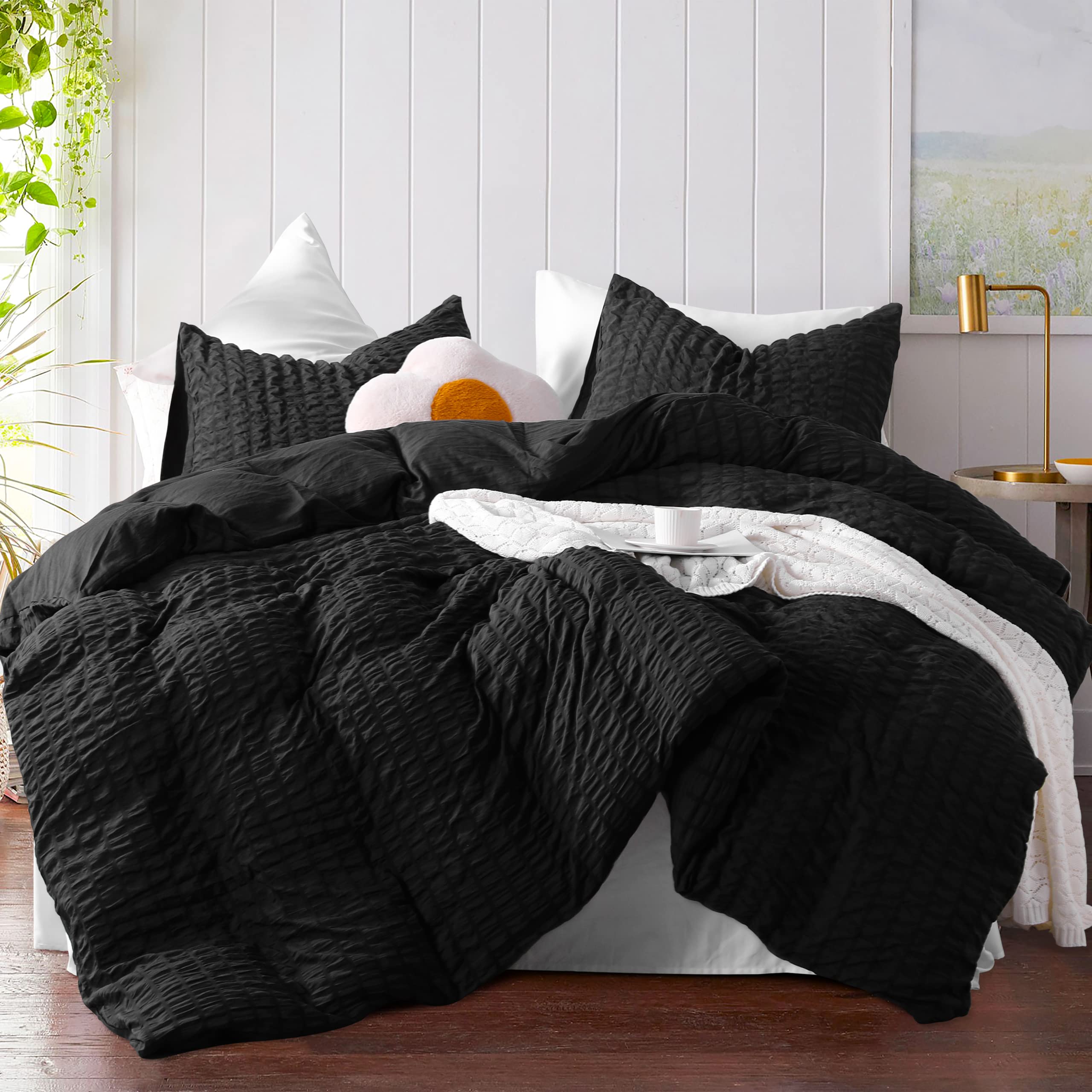 NTBAY Seersucker Twin Duvet Cover Set - 2 Piece Washed Microfiber Comforter Cover with Zipper Closure (68x90 Inches, Black Stripe) - Soft Textured Bedding for Kids' Room & Guest Bedroom Decor