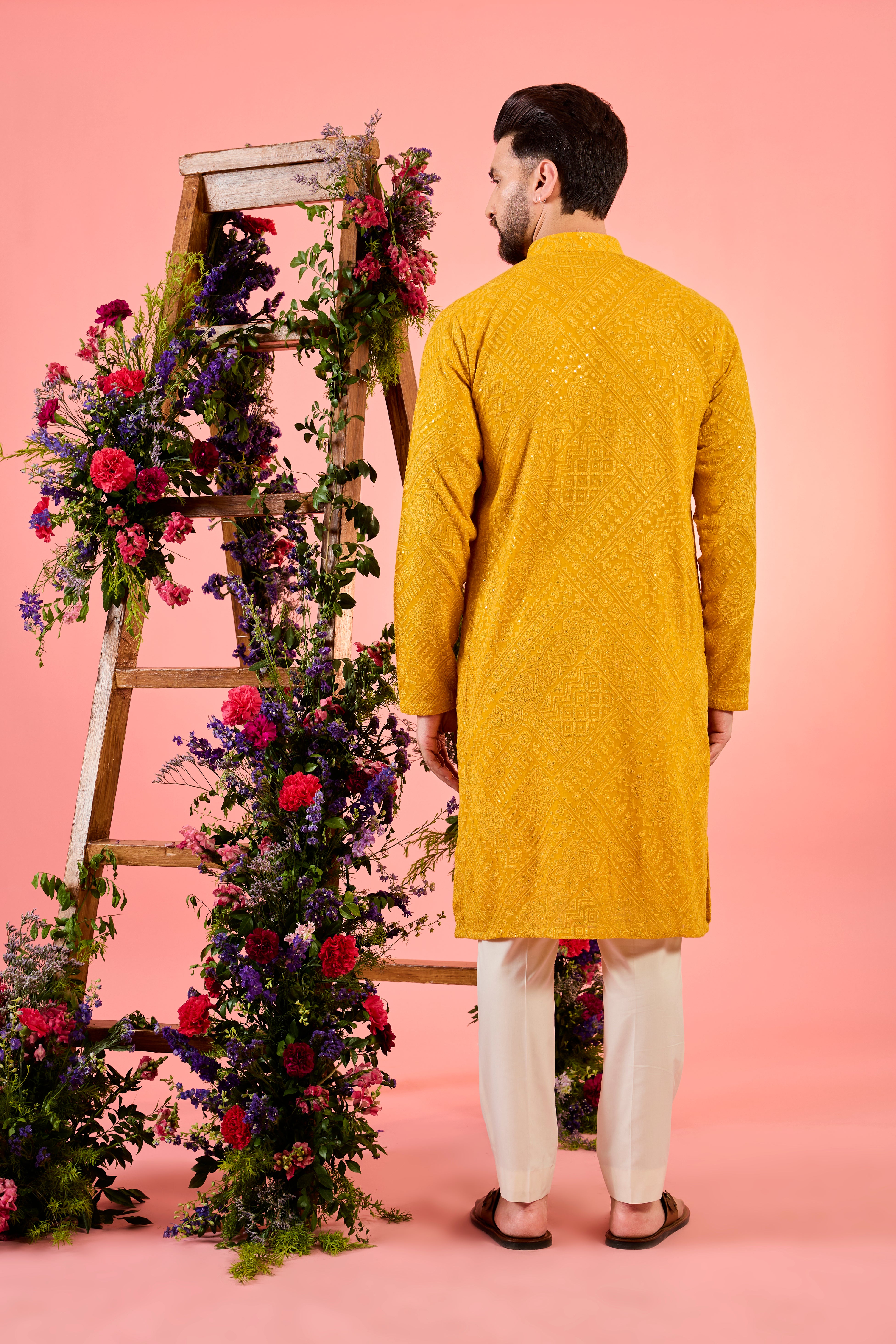 Mustard Classic Chikankari Kurta with Sequin Work - Elegant Indian Embroidered Tunic for Women - Perfect for Festivals, Weddings & Casual Wear