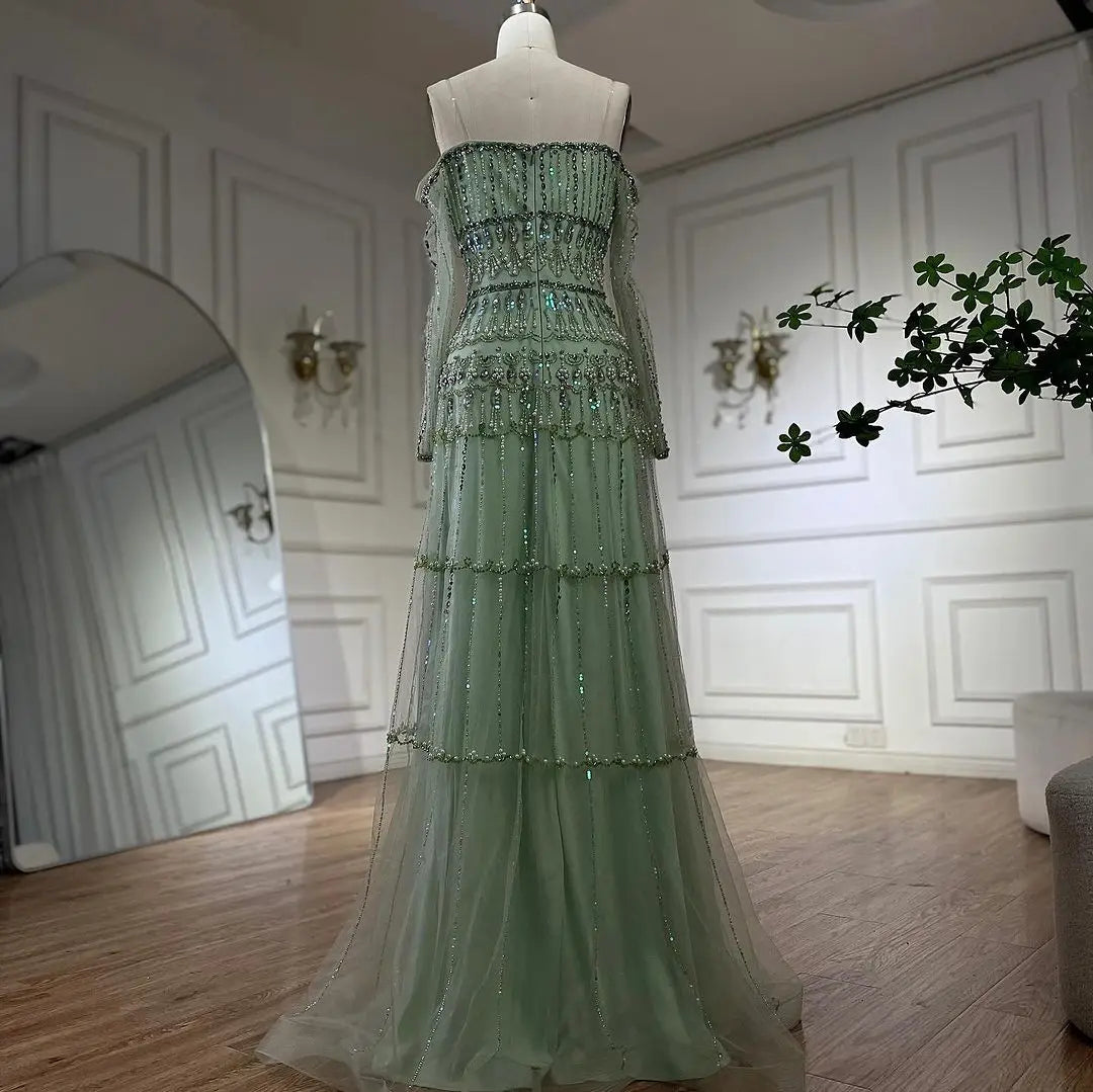 Serene Hill Dubai Arabic Sage Green Mermaid Luxury Evening Gown Beaded Party Dress for Women's Wedding 2025 LA72350 | Elegant Formal Gown for Prom, Red Carpet, Gala & Special Occasions