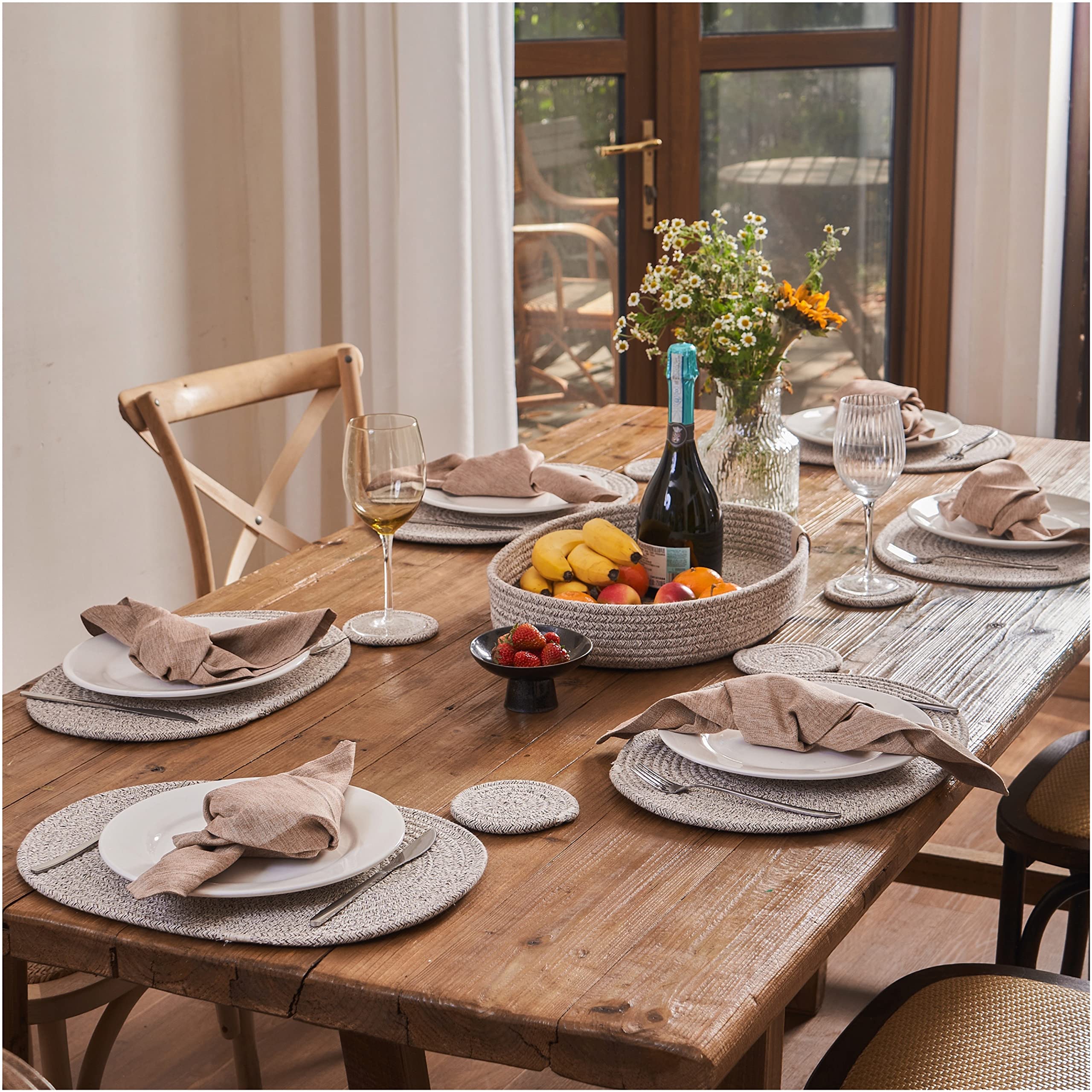 6-Piece Oval Placemats Set - Handwoven Boho Farmhouse Table Mats for Dining & Kitchen Decor | Washable, Rustic Table Accessories (Brown Mixed) | Perfect for Dinner Parties, Family Gatherings & Everyday Meals