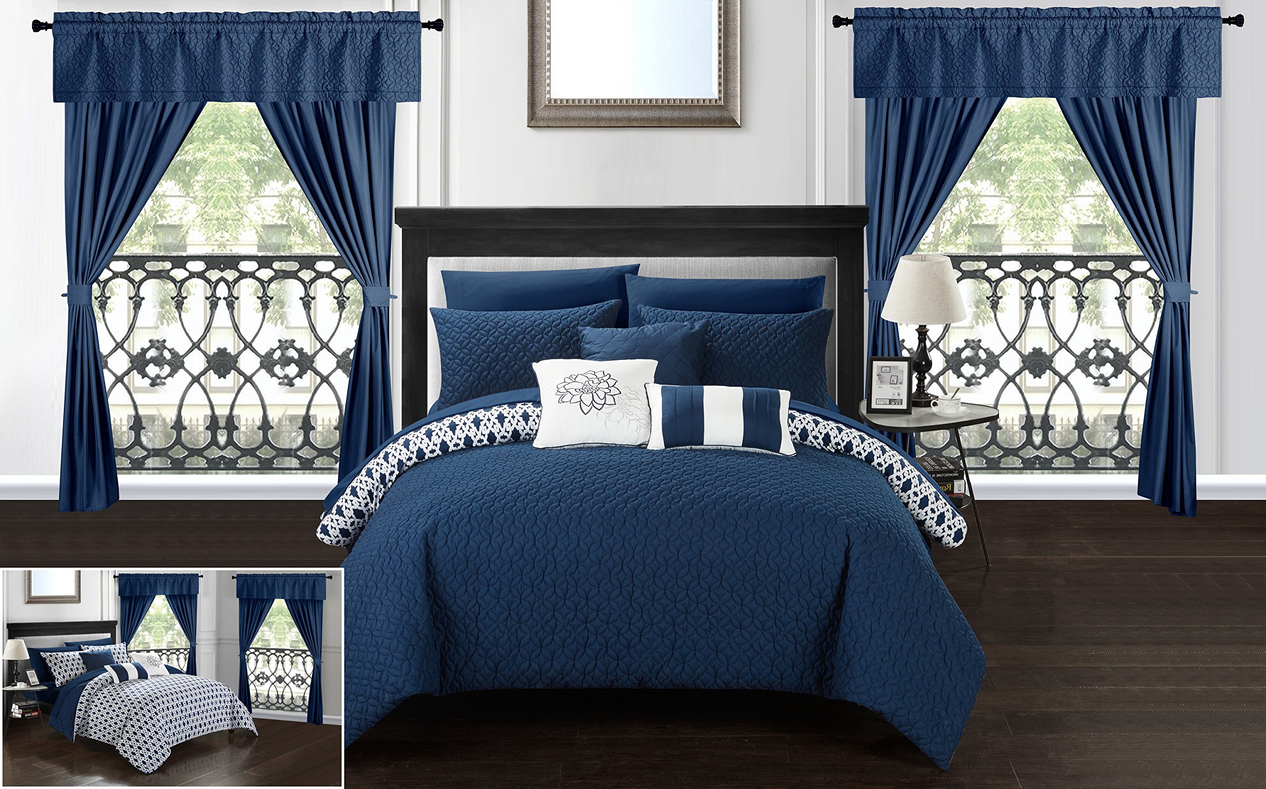 Rotem 20-Piece Comforter Set King Size - Reversible Geometric Quilted Bedding with Sheets, Pillow Shams & Window Curtains - Navy Blue Luxury Bed in a Bag for Master Bedroom & Guest Room Decor