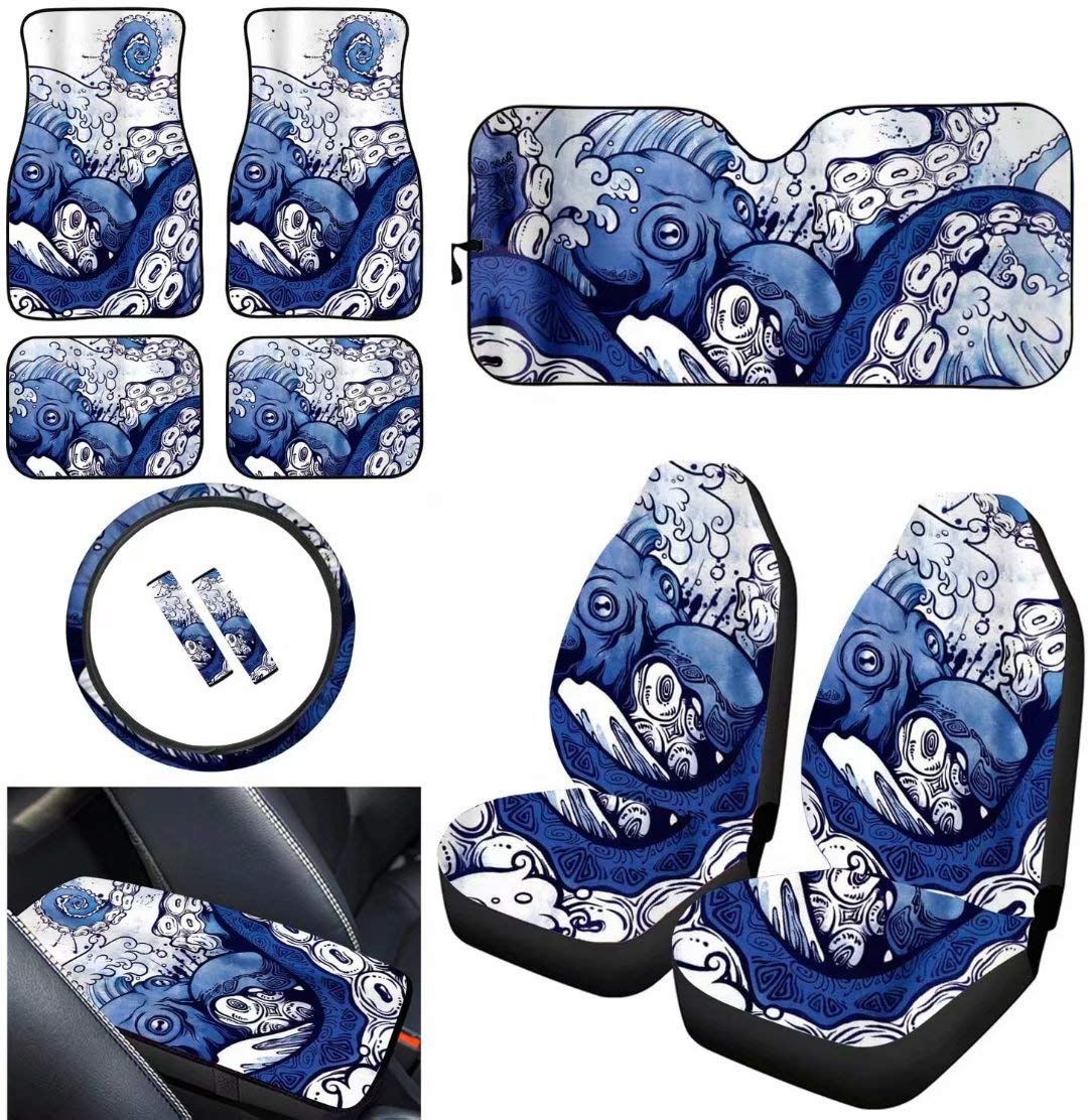 Deeprinter 11-Piece Car Accessories Set - Non-Slip Floor Mats, Ocean Animal Octopus Sunshade, Front Seat Covers, Stretch Wheel Covers, Center Console Armrest Cover & Seat Belt Clips for Trucks & SUVs | Perfect for Road Trips, Daily Commute & Vehicle Protection