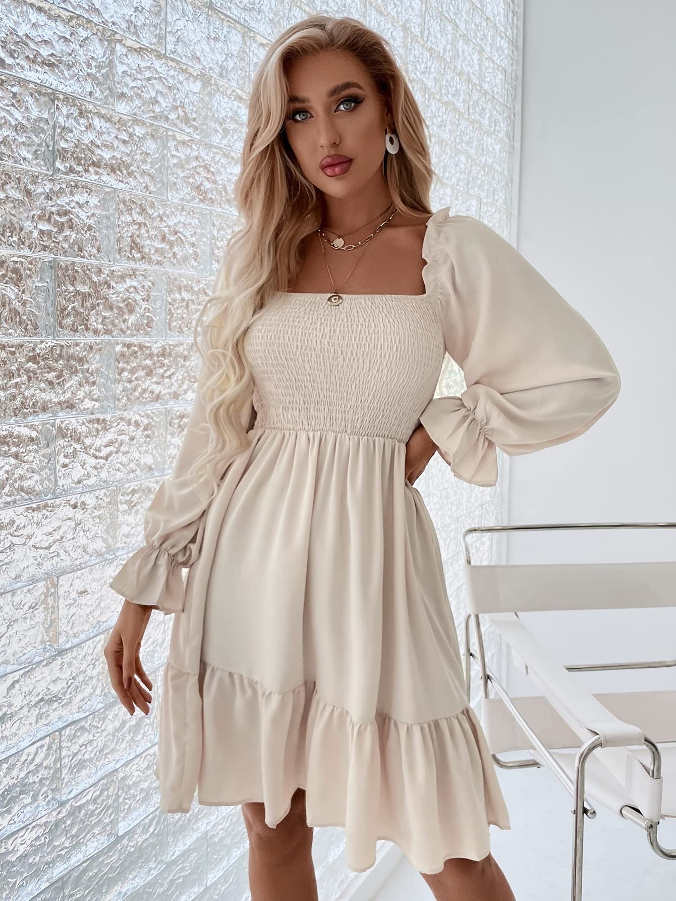 2022 Women's Summer Short Dress - Shirred Bodice, Flounce Sleeve & Ruffle Hem Cute Mini Dress for Party, Beach, Date Night and Casual Outings